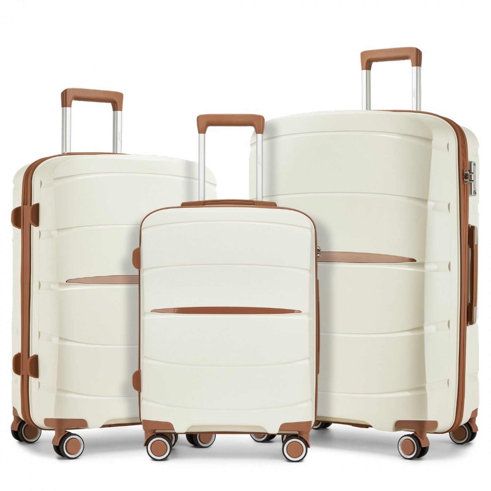 Kono 20/24/28 inch PP Modern Scratch-Resistant Suitcase Set with TSA Lock & Stylish Brown Accents - Cream and Brown