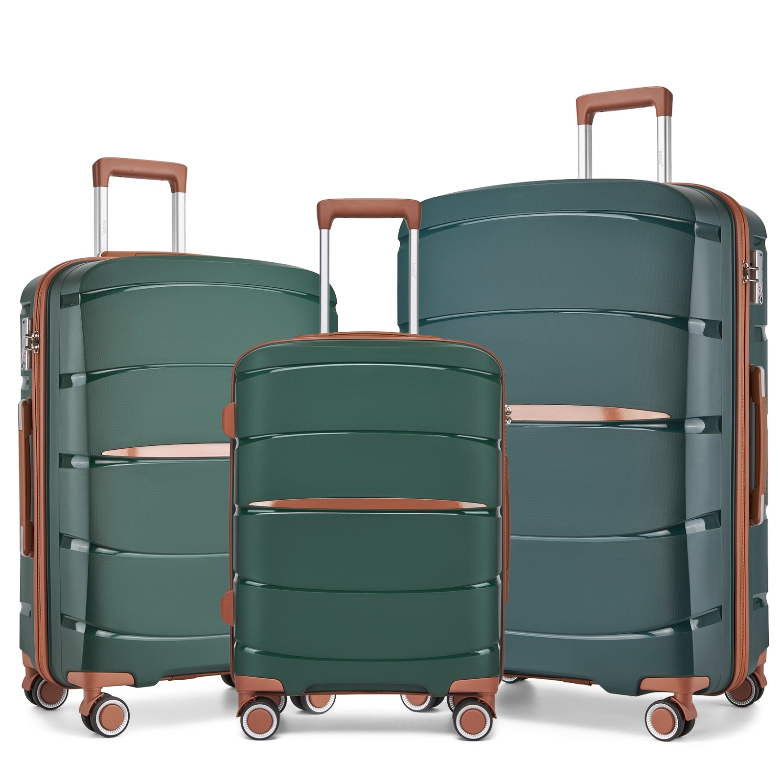 Kono 20/24/28 inch PP Modern Scratch-Resistant Suitcase Set with TSA Lock & Stylish Brown Accents - Green and Brown