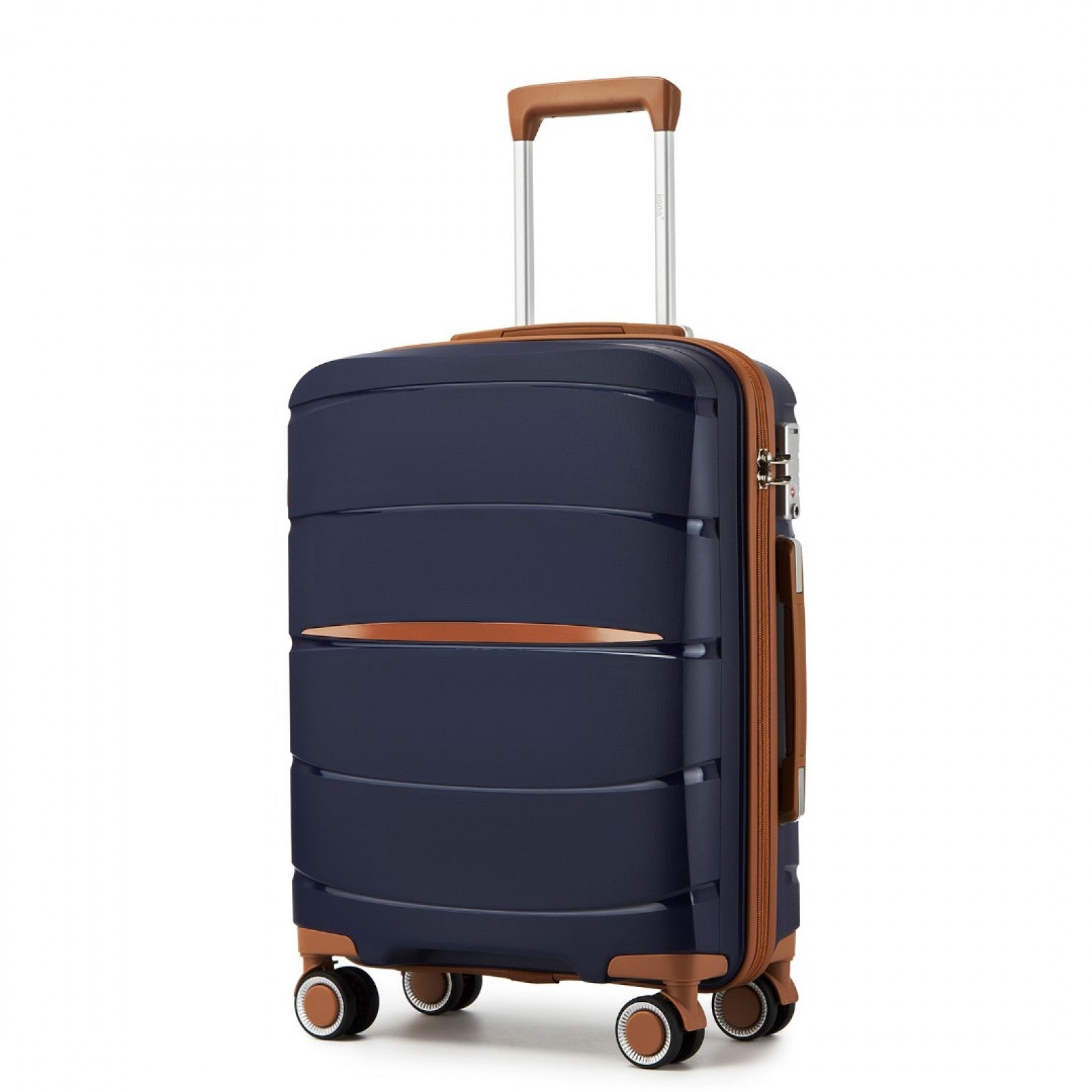 Kono 20-Inch PP Modern Scratch-Resistant Cabin Suitcase with TSA Lock & Stylish Brown Accents - Navy and Brown