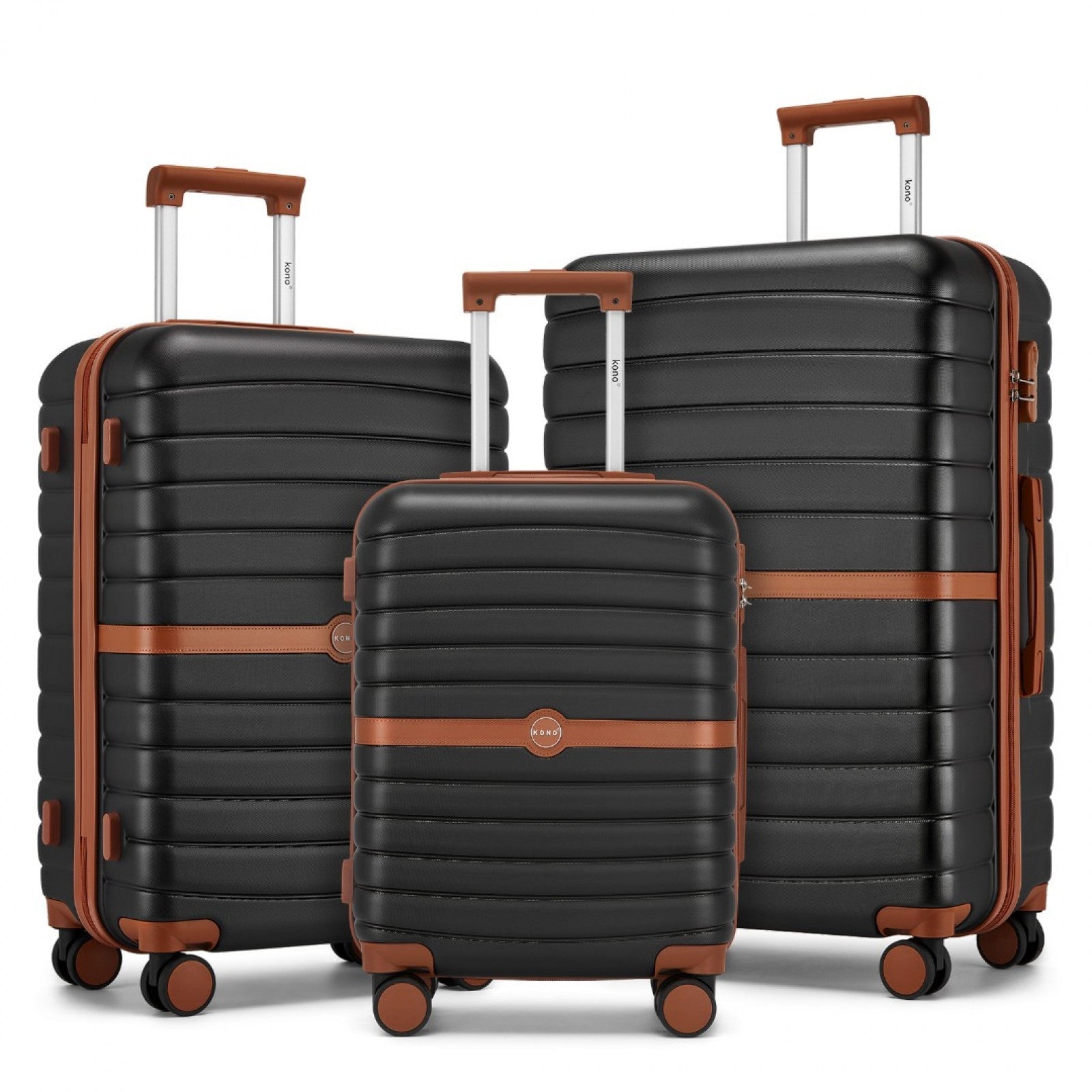 Kono ABS+PC Striped Design with Colour-Block Details 3-Piece Hardshell Luggage Set with Spinner Wheels - Black and Brown