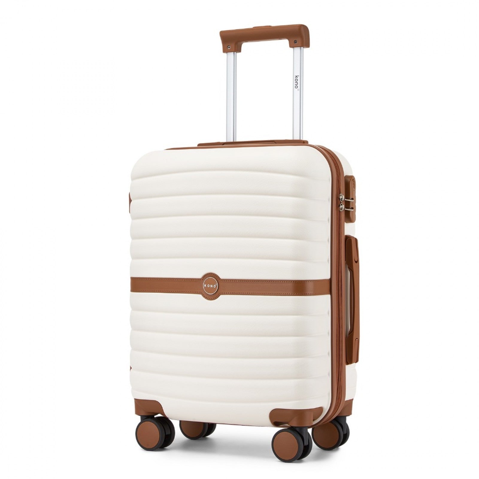 Kono ABS+PC 20-Inch Striped Design with Colour-Block Details Carry-On Cabin Suitcase with Silent Spinner Wheels - Cream and Brown