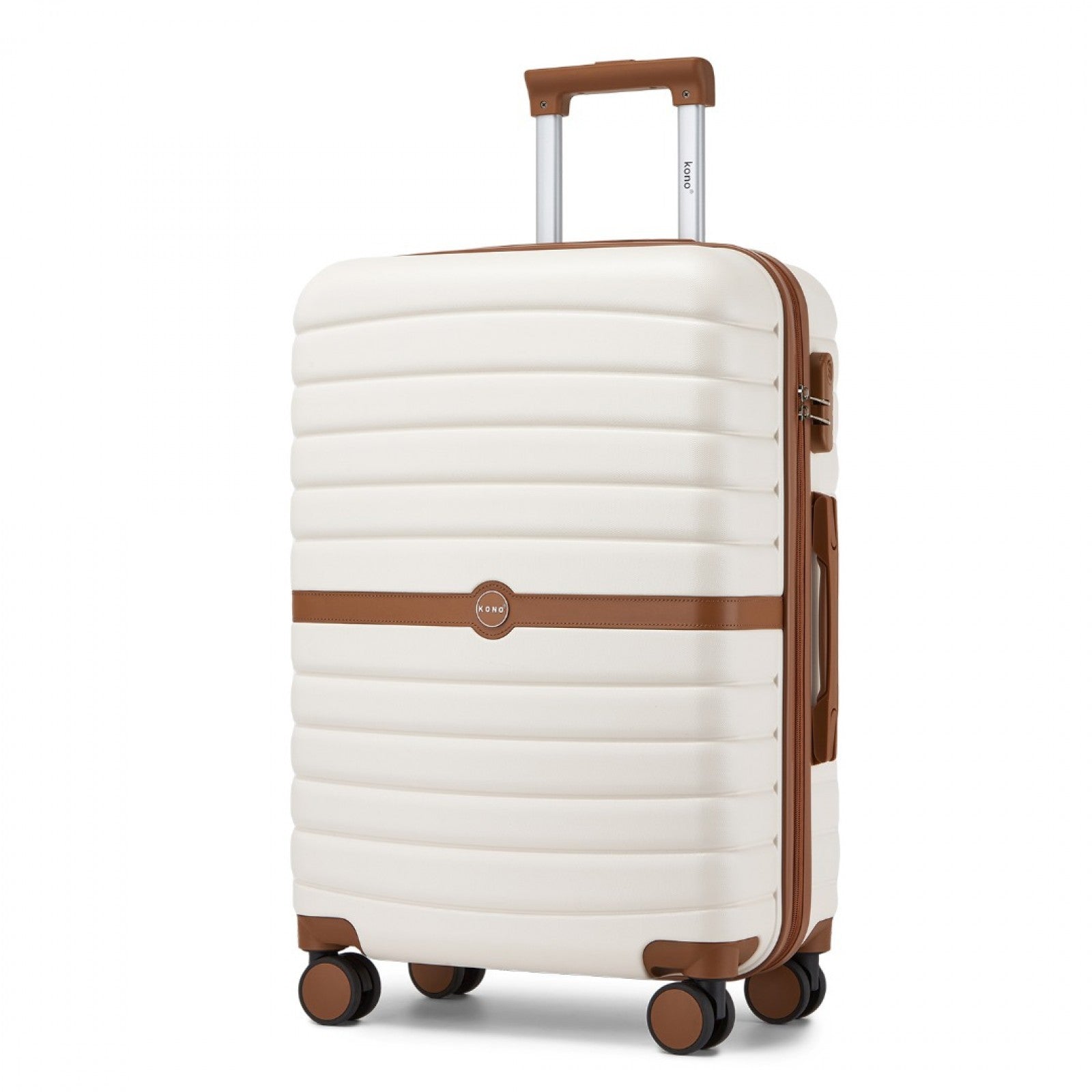 Kono ABS+PC 24-Inch Striped Design with Colour-Block Details Medium Suitcase with Spinner Silent Wheels - Cream and Brown