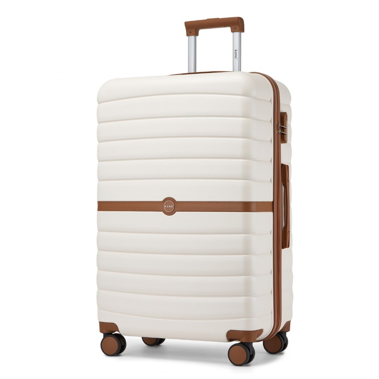 Kono ABS+PC 28-Inch Striped Design with Colour-Block Details Large Checked Luggage for Longer Travels - Cream and Brown