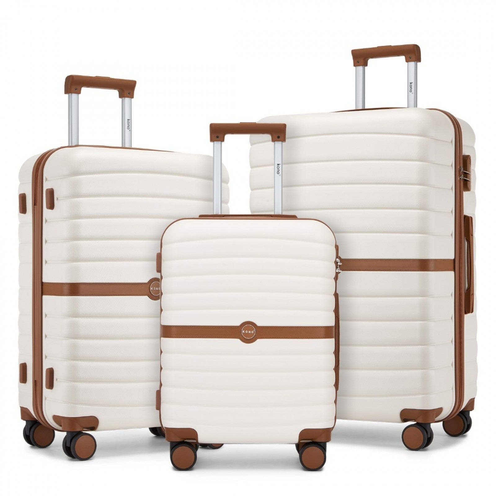 Kono ABS+PC Striped Design with Colour-Block Details 3-Piece Hardshell Luggage Set with Spinner Wheels - Cream and Brown