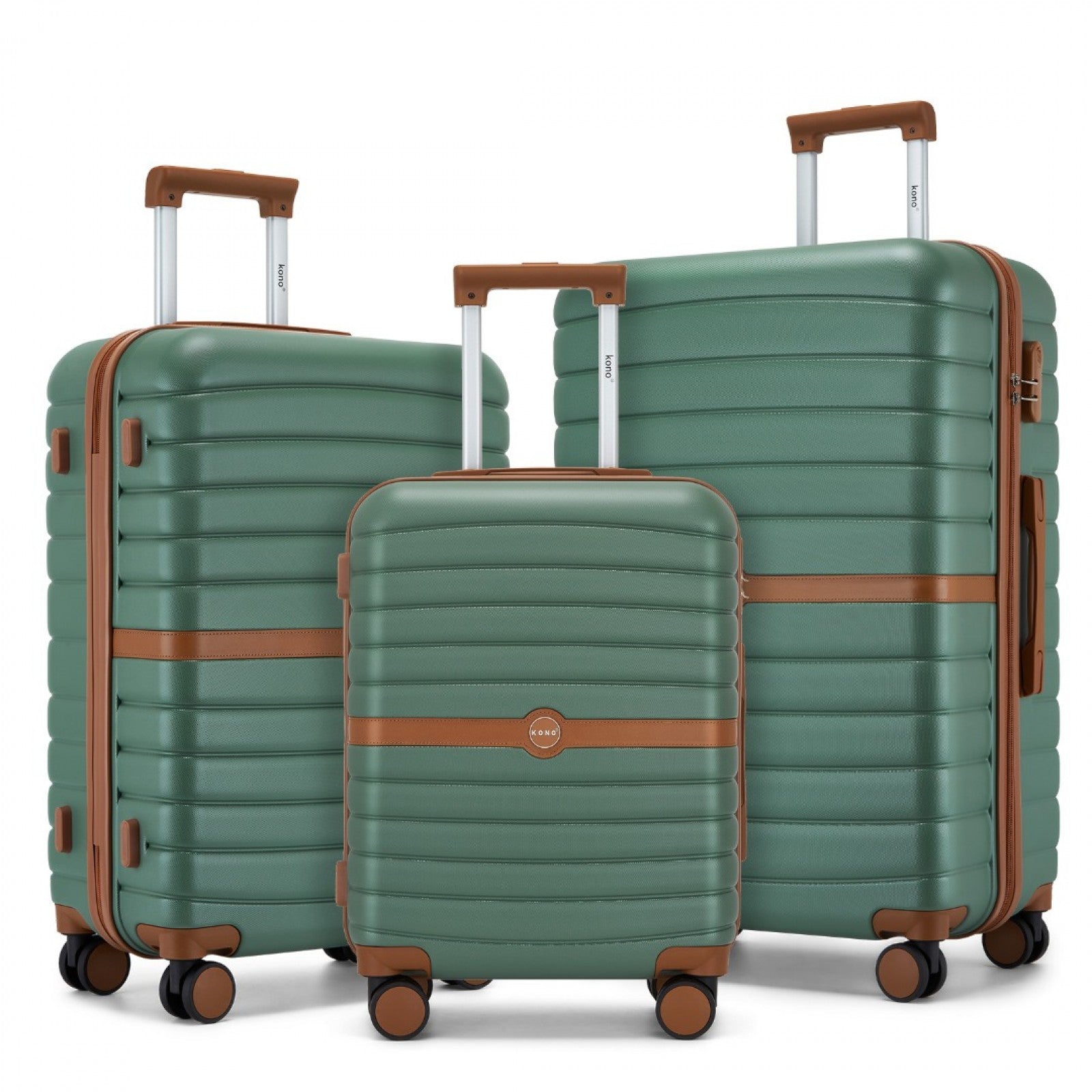 Kono ABS+PC Striped Design with Colour-Block Details 3-Piece Hardshell Luggage Set with Spinner Wheels - Green and Brown