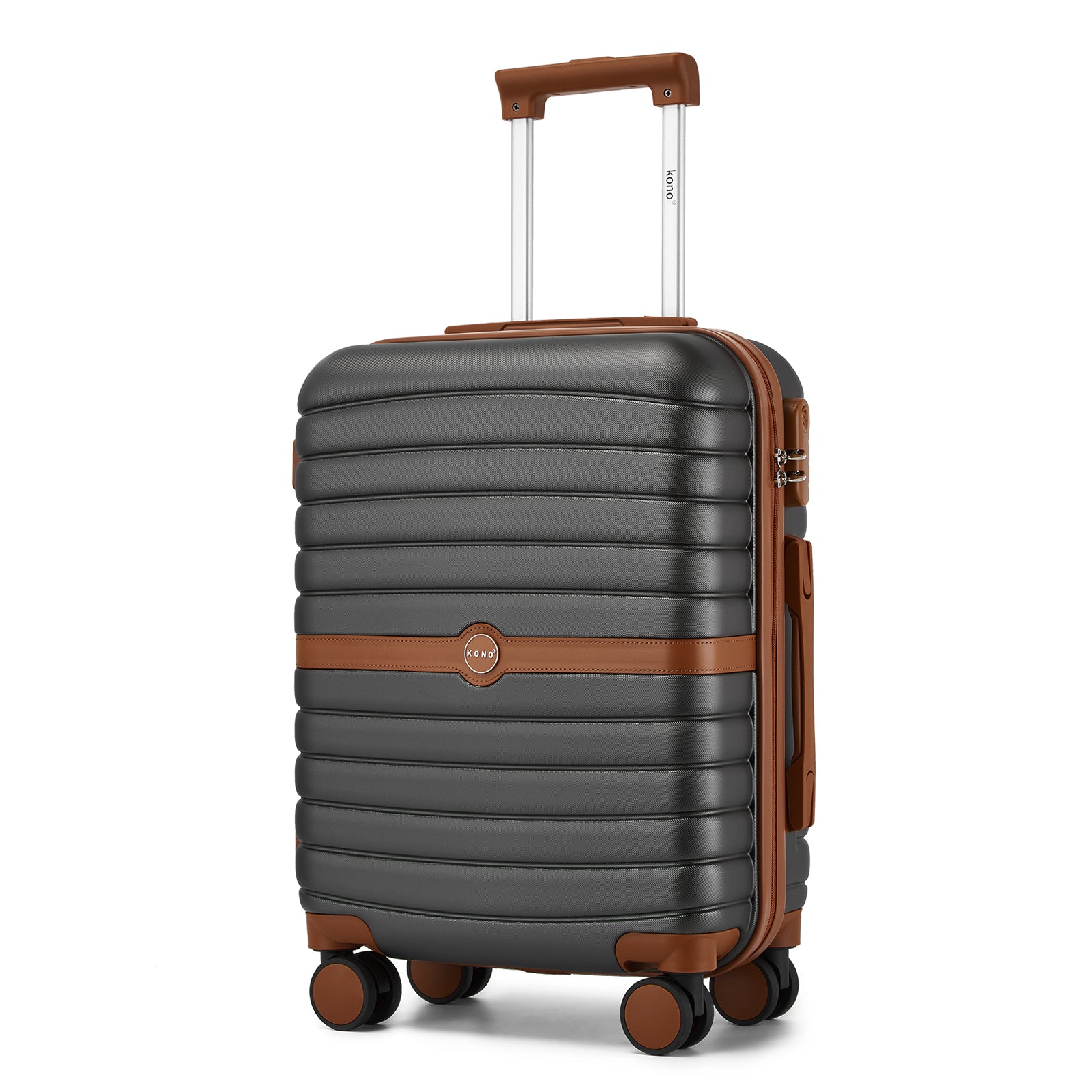 Kono ABS+PC 20-Inch Striped Design with Colour-Block Details Carry-On Cabin Suitcase with Silent Spinner Wheels - Grey and Brown