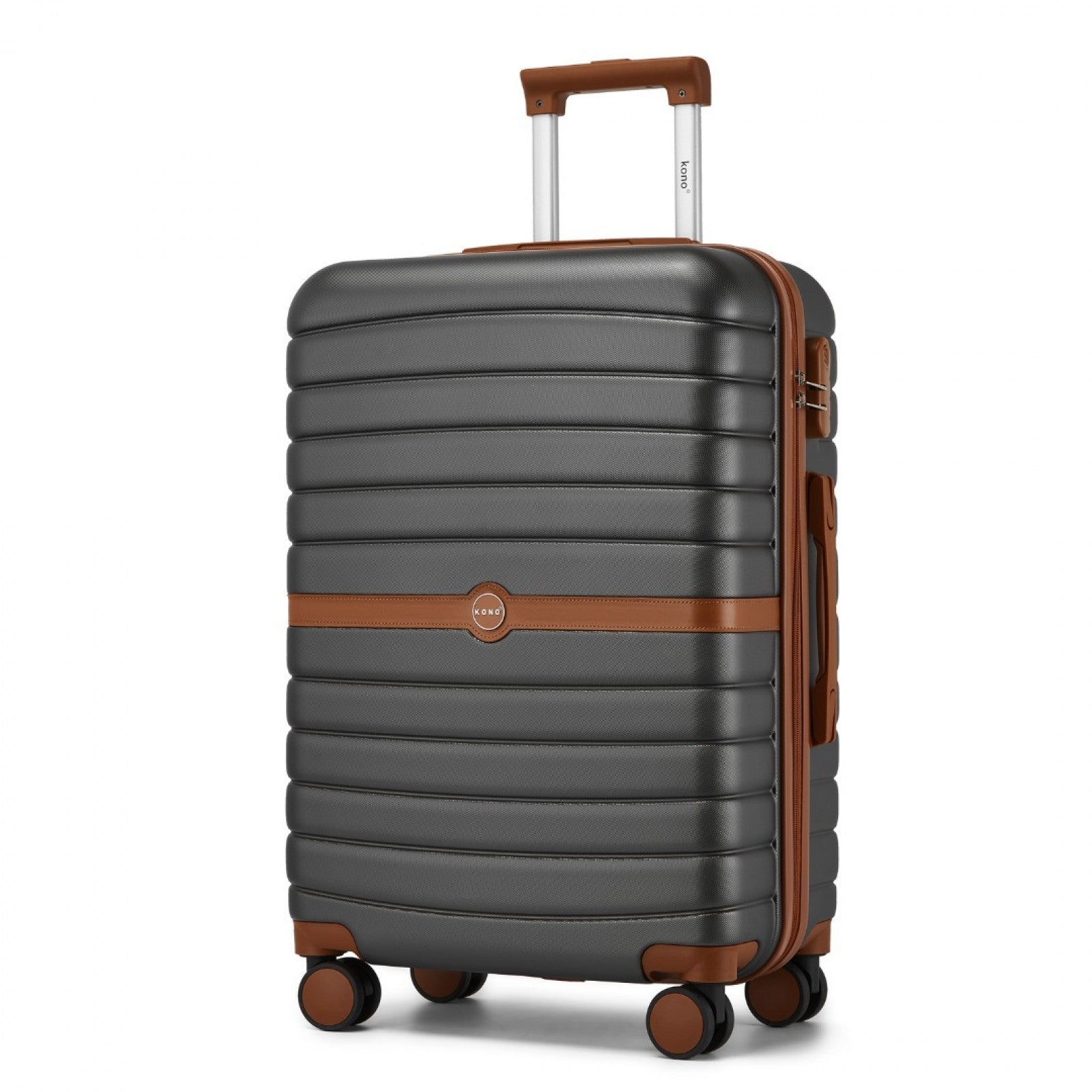 Kono ABS+PC 24-Inch Striped Design with Colour-Block Details Medium Suitcase with Spinner Silent Wheels - Grey and Brown