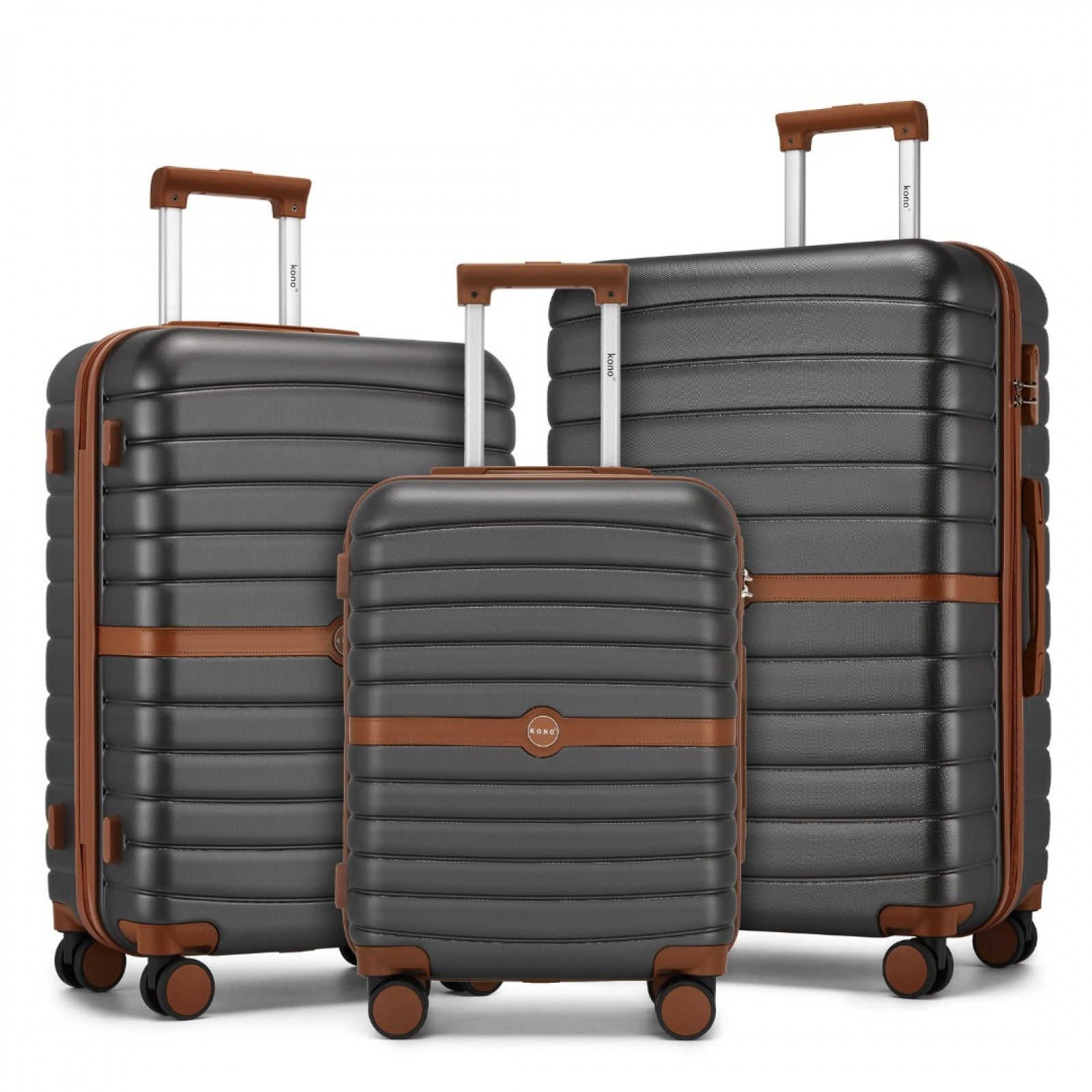 Kono ABS+PC Striped Design with Colour-Block Details 3-Piece Hardshell Luggage Set with Spinner Wheels - Grey and Brown