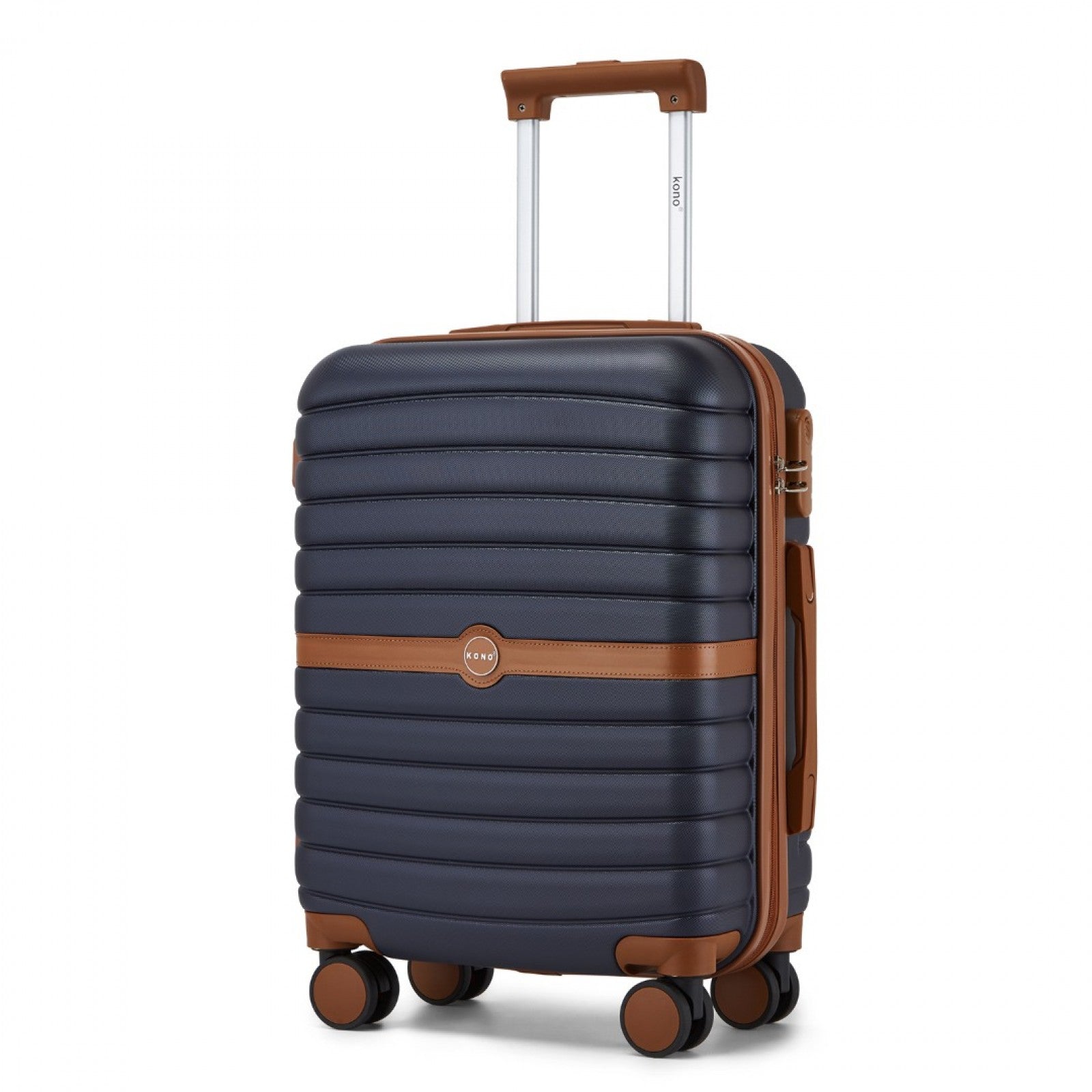 Kono ABS+PC 20-Inch Striped Design with Colour-Block Details Carry-On Cabin Suitcase with Silent Spinner Wheels - Navy and Brown