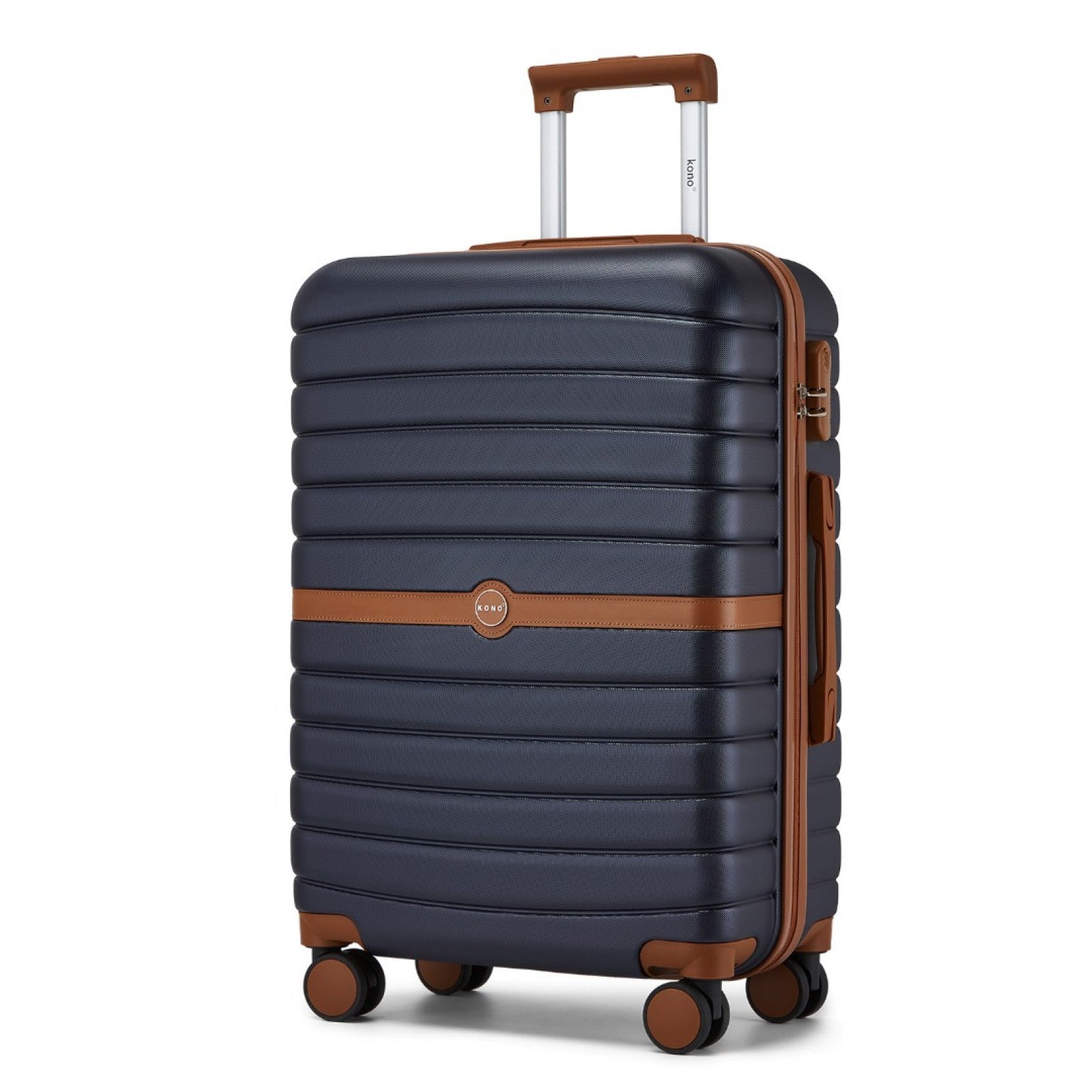 Kono ABS+PC 24-Inch Striped Design with Colour-Block Details Medium Suitcase with Spinner Silent Wheels - Navy and Brown