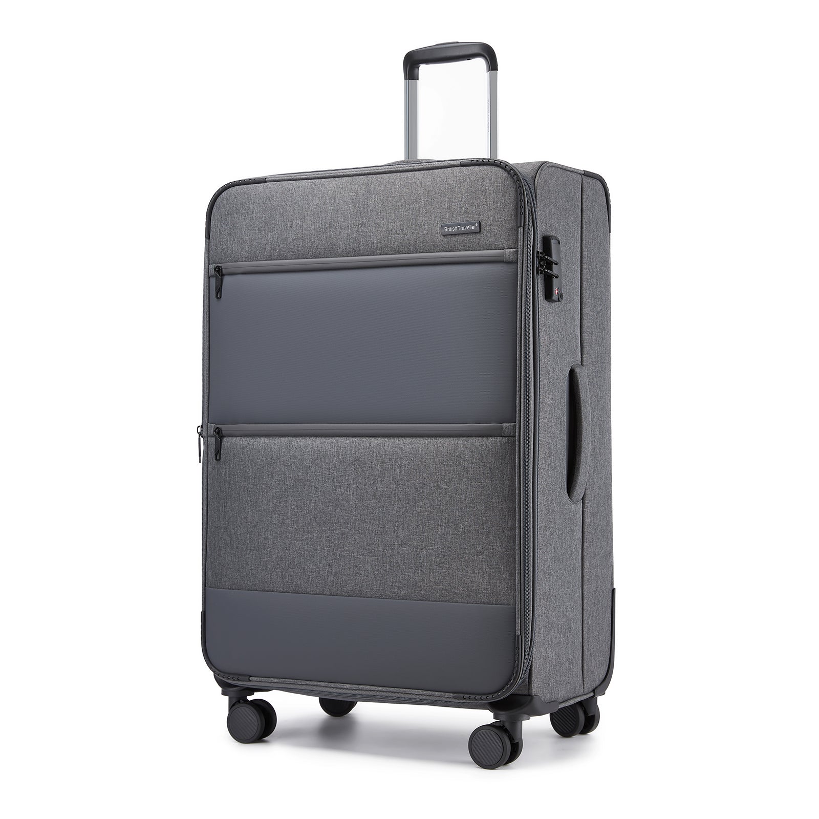 British Traveller Sleek Tough 28 Inch Travel Soft-Shell Suitcase with Silent TPE Spinners, TSA Security and Expandable Capacity - Grey