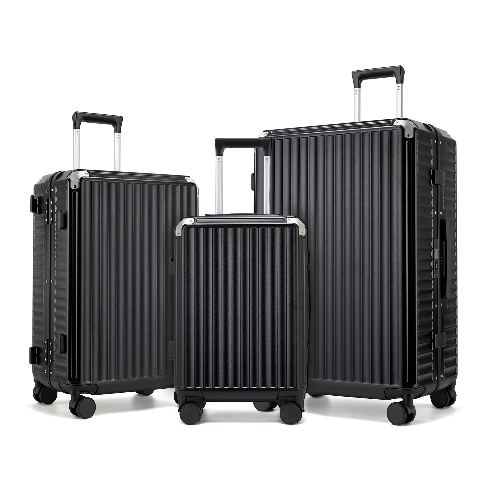 Kono 3-Piece Zipperless Aluminium Frame Luggage Set with TSA Lock, Smart Travel Features - Black