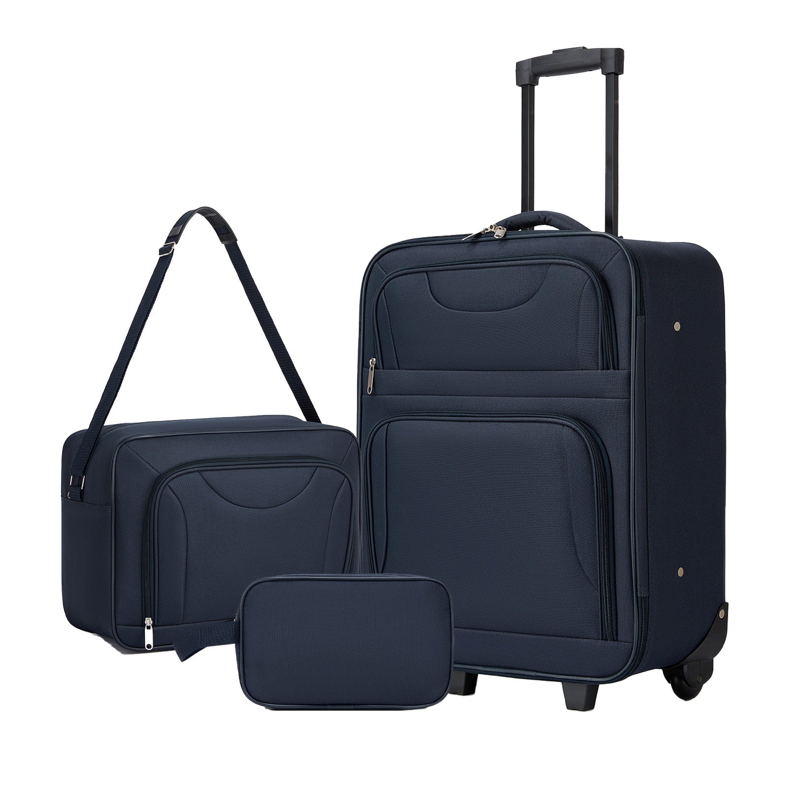 3 Piece 20 Inch Soft-shell Luggage Set with Cabin Shoulder Bag & Toiletry Bag, Lightweight Carry-On Travel Combo - Navy