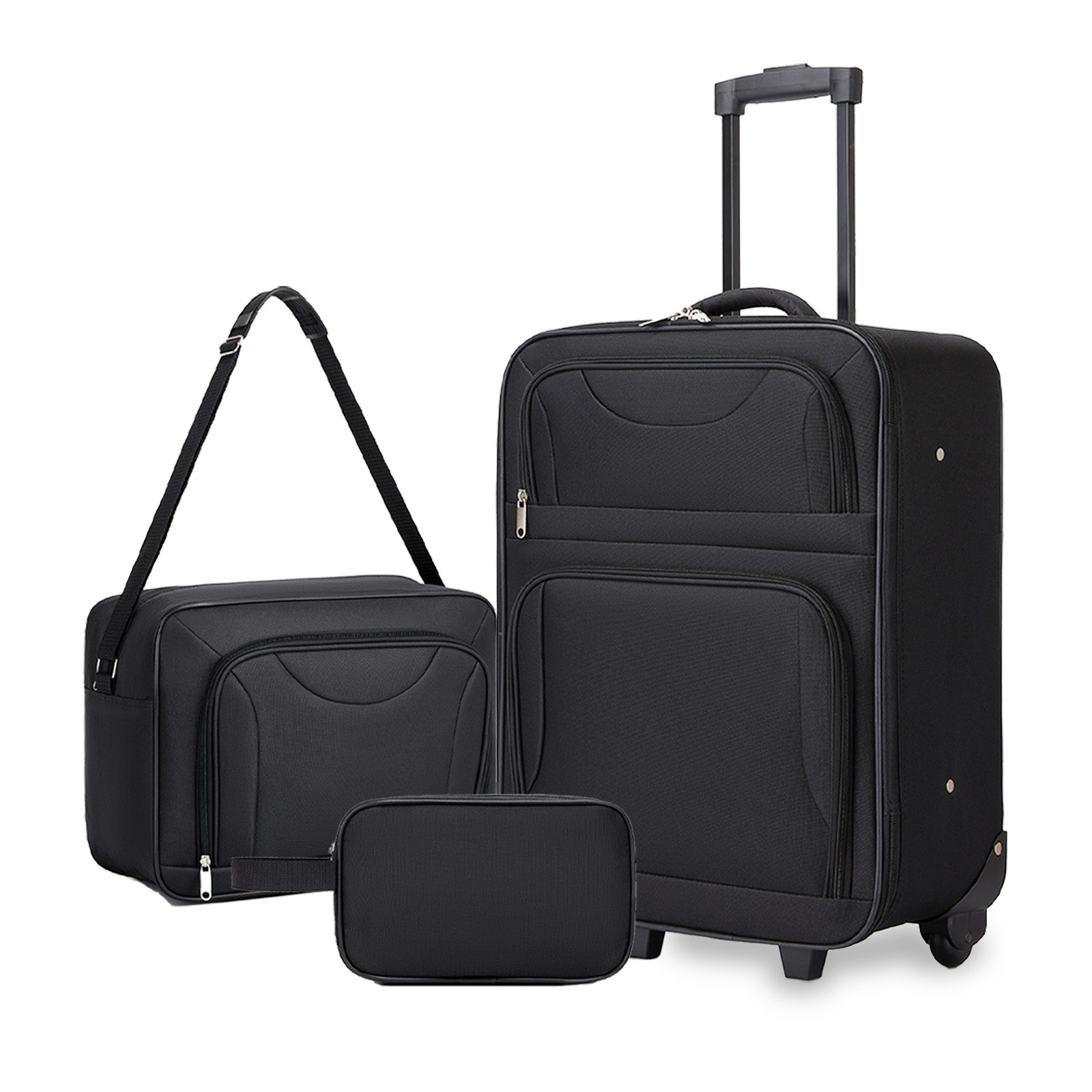 3 Piece 20 Inch Soft-shell Luggage Set with Cabin Shoulder Bag & Toiletry Bag, Lightweight Carry-On Travel Combo - Black