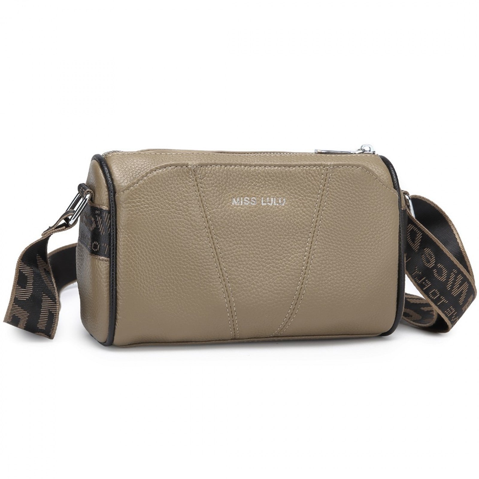 Miss Lulu Simple And Elegant Wide Strap Genuine Leather Crossbody Bag - Khaki