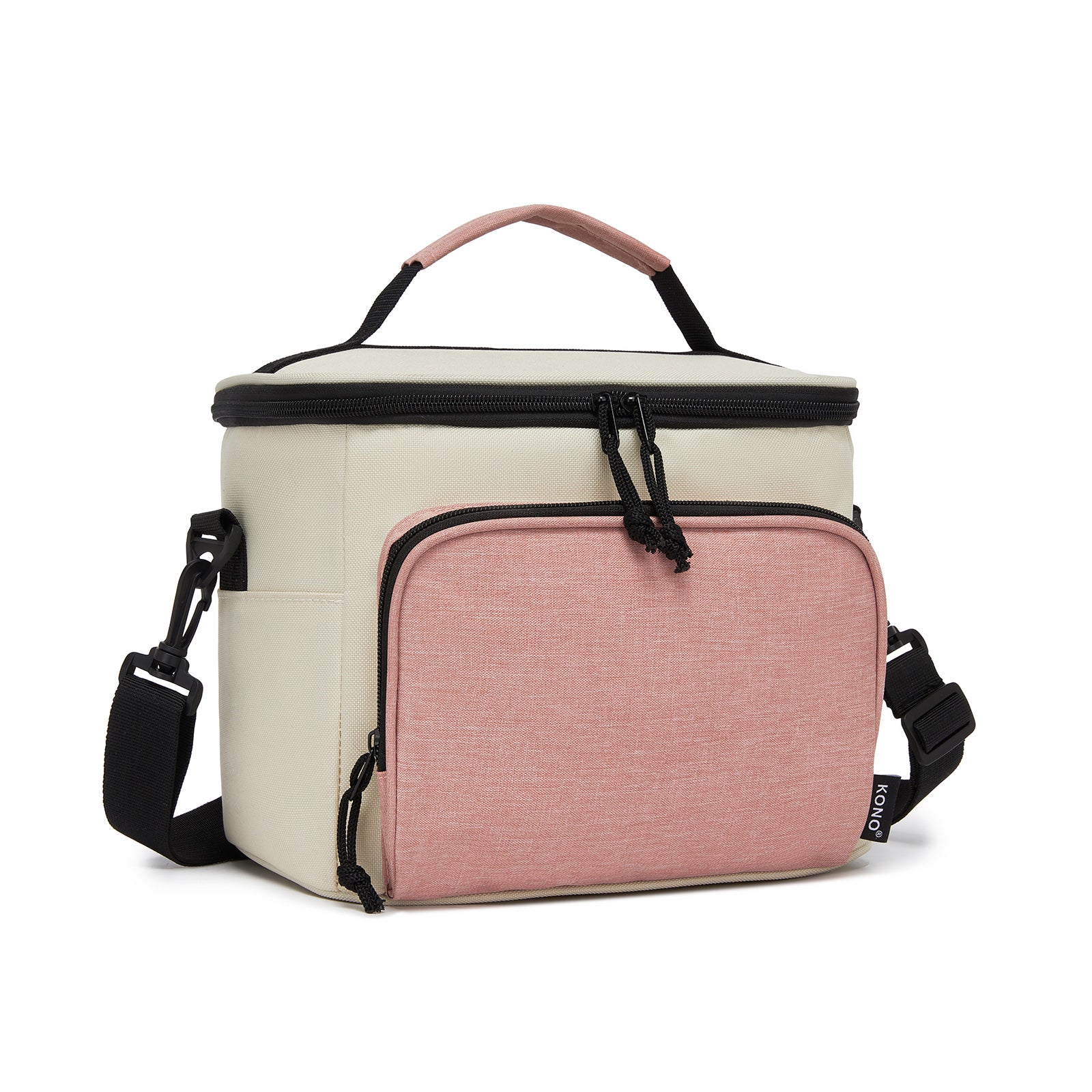 Kono Insulated Lunch Bag-Water-Resistant 4-Layer Food Container, Leak-Proof, Portable with Adjustable Strap - Beige and Pink