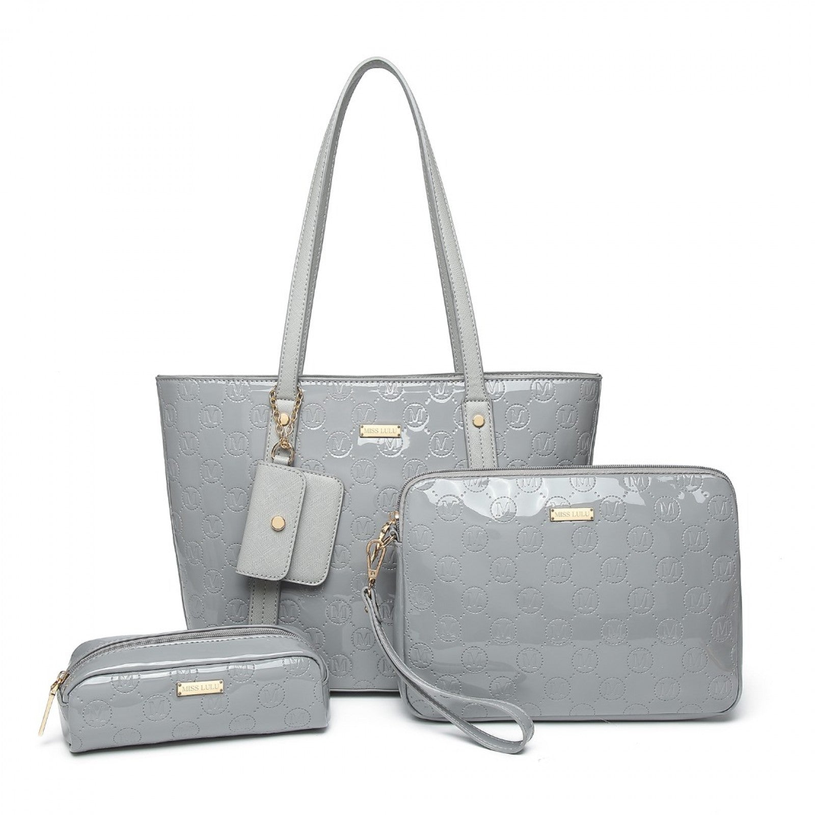 Miss Lulu 4 Pieces Glossy Leather Tote Bag Set - Grey