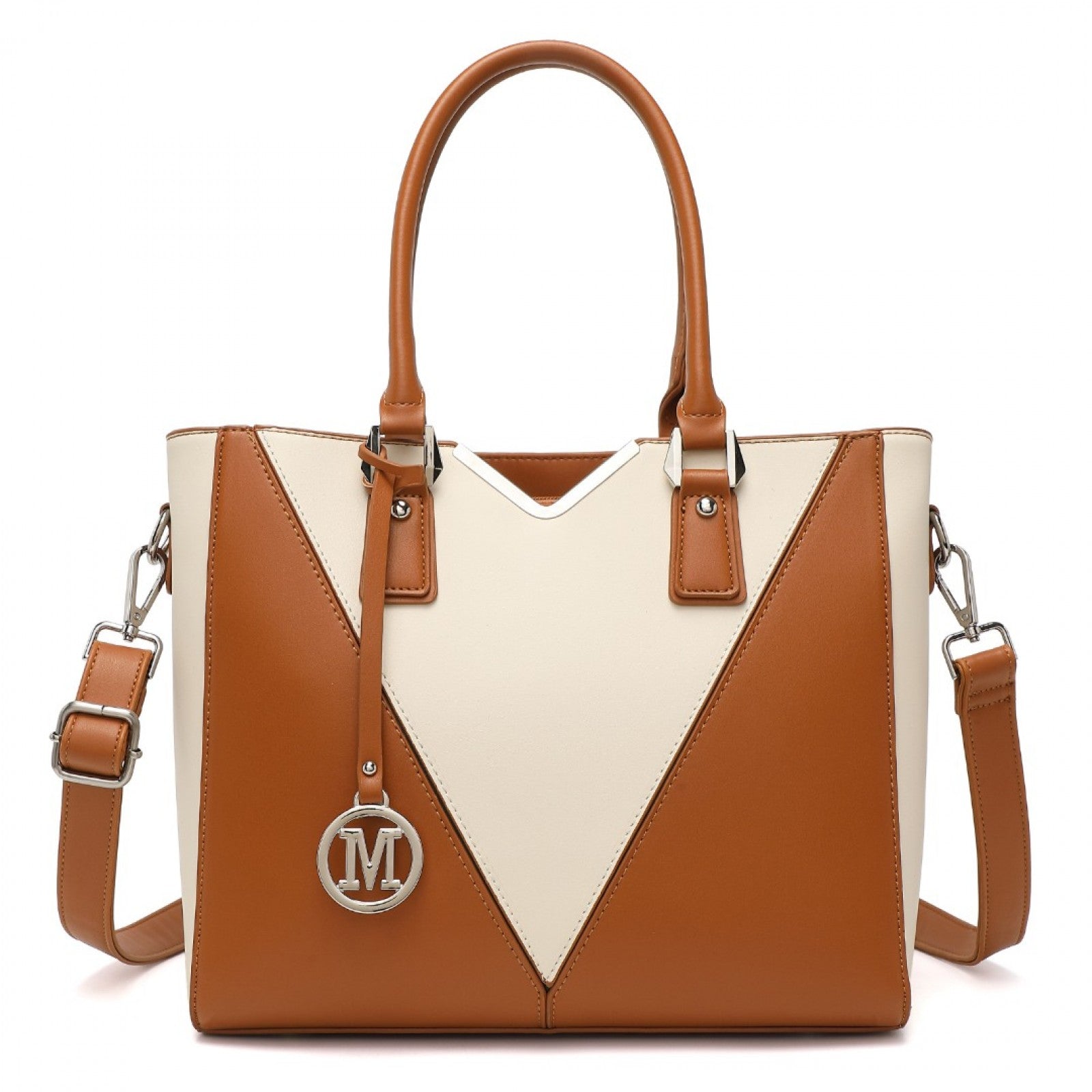Miss Lulu Leather Look V-Shape Shoulder Handbag - Brown And Beige