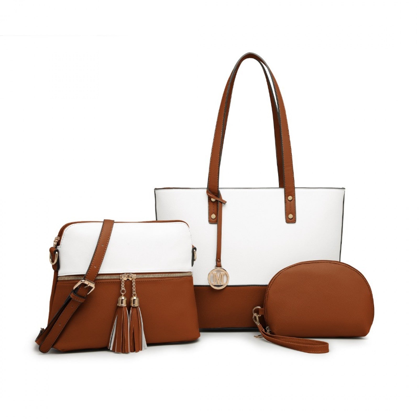 Miss Lulu Elegant 3-Piece Leather Look Tote Bag Set - Versatile & Chic for Every Occasion - Beige And Brown