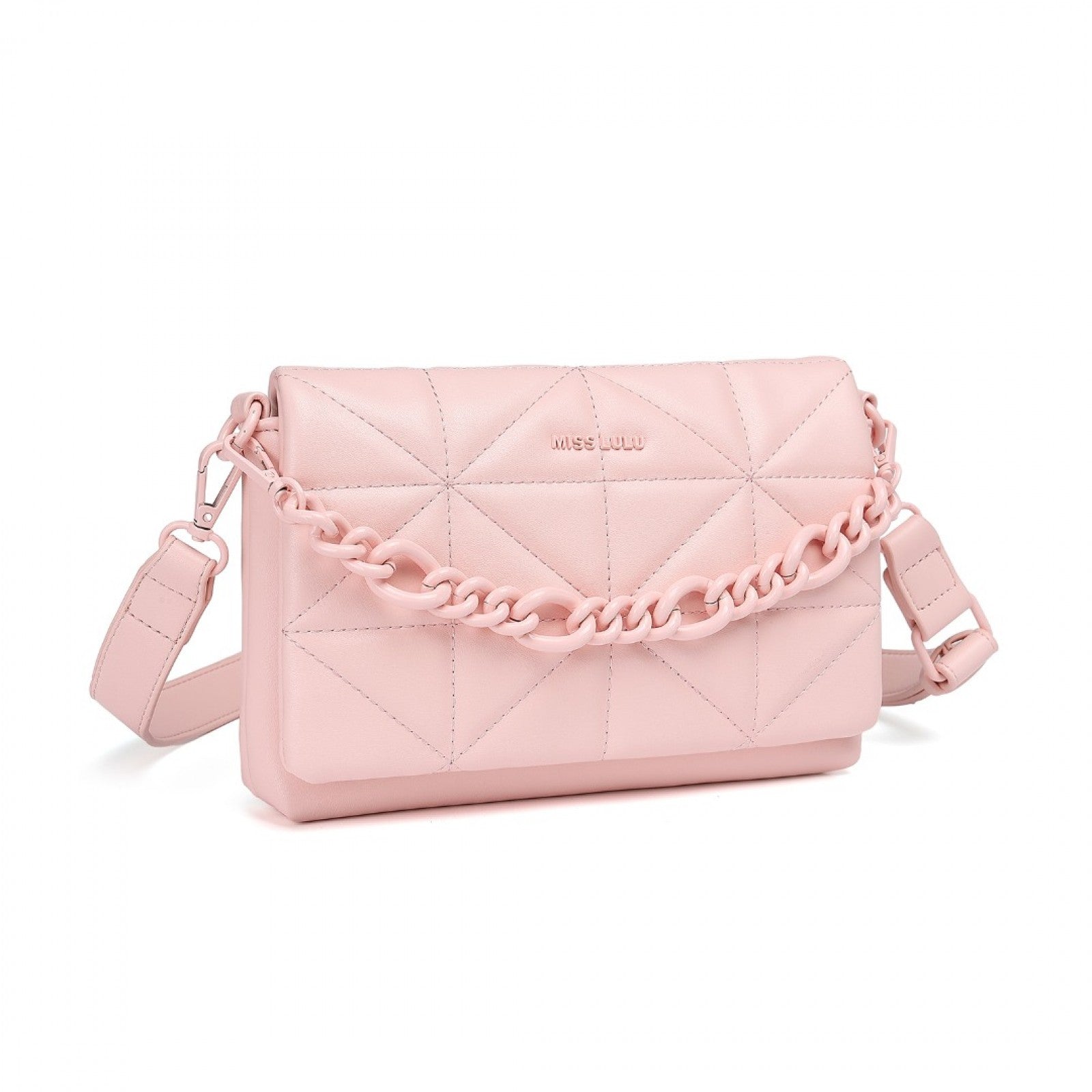 Miss Lulu Chic Quilted Shoulder Bag With Chain Strap - Pink