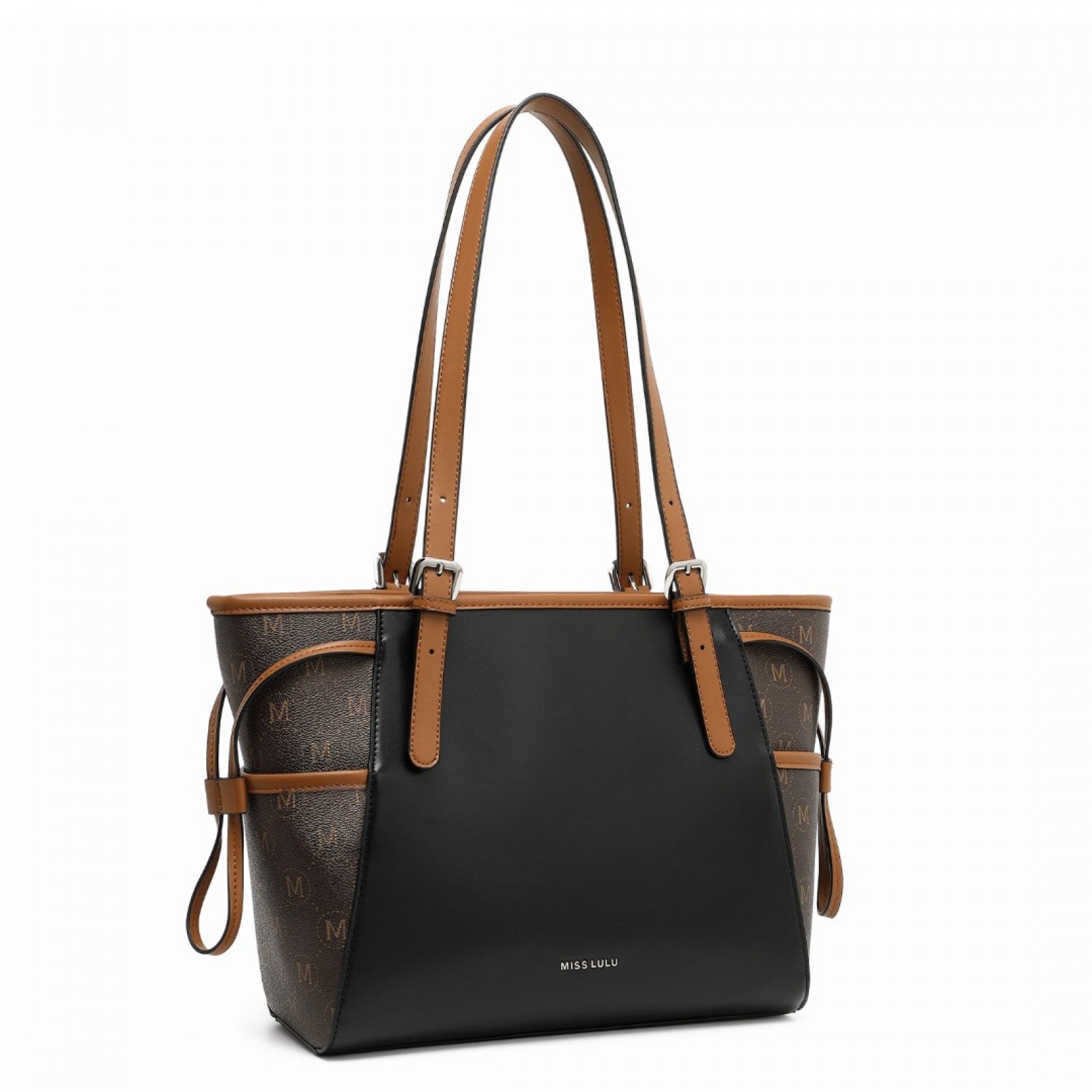 Miss Lulu Elegant Tote Bag With Monogram Pattern - Black And Brown