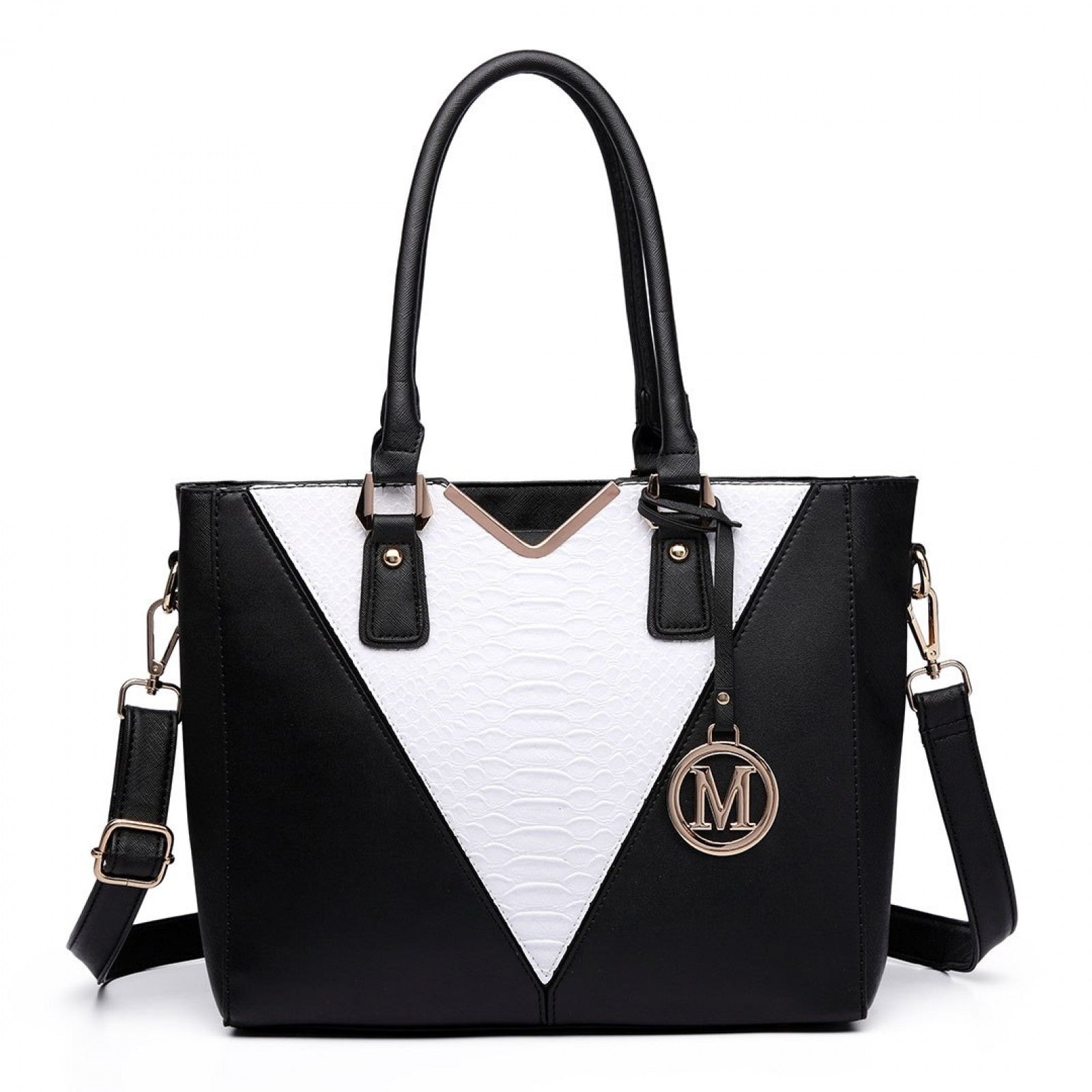 Miss Lulu Leather Look V-Shape Multicolour Tote Bag - Black