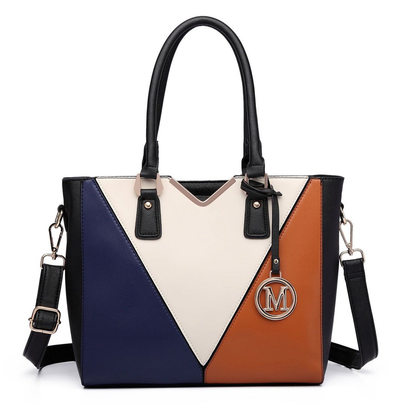 Miss Lulu Leather Look V-Shape Multicolour Tote Bag - Brown