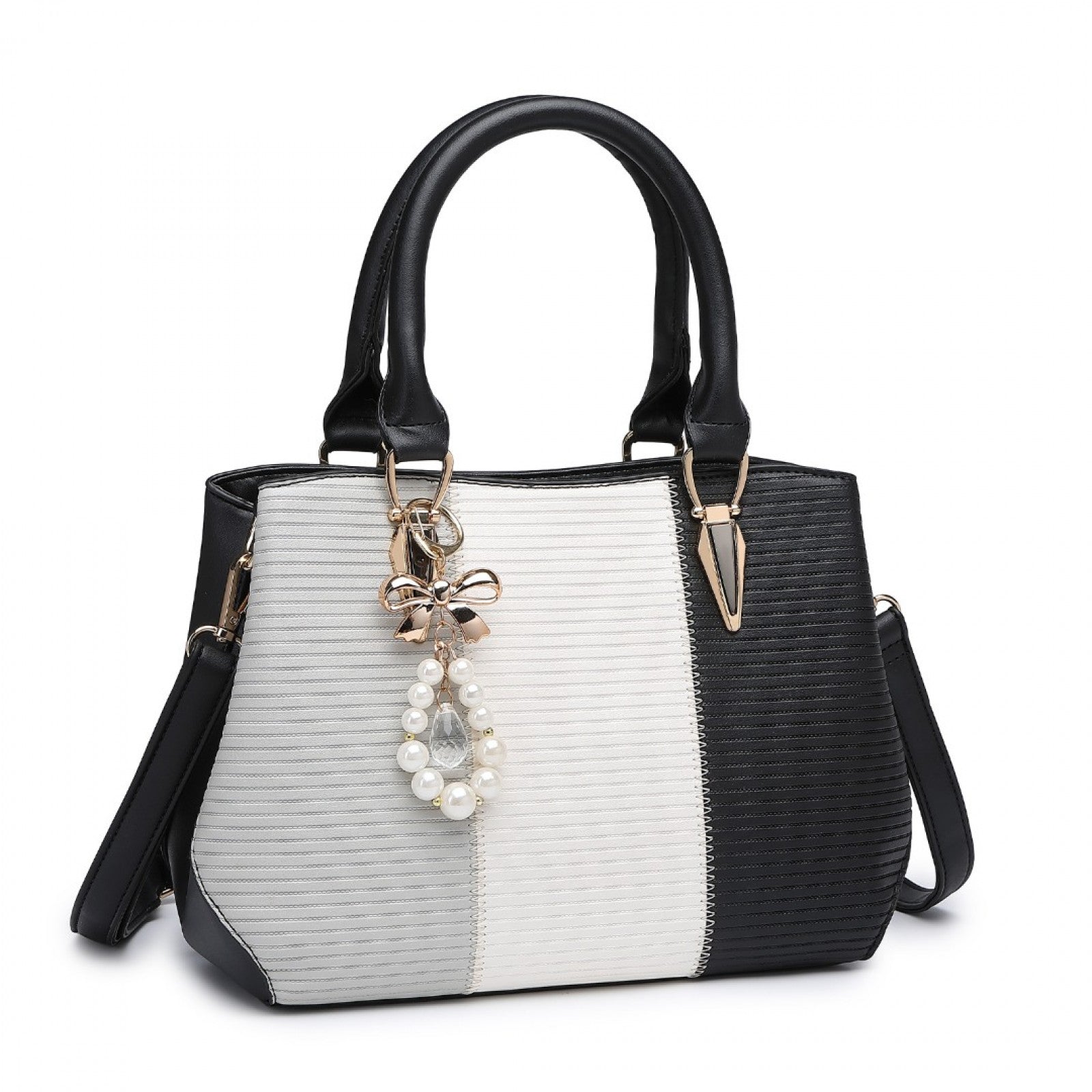 Miss Lulu Leather Look Colour Block Bow Pendant Handbag - Black