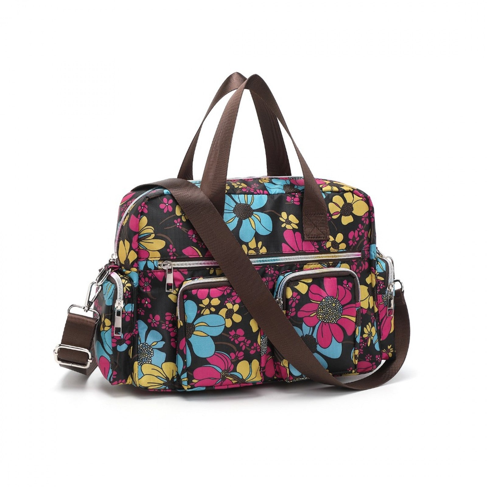Kono Versatile Multi-Pocket Travel Bag With Adjustable Detachable Strap And Flower Print - Black
