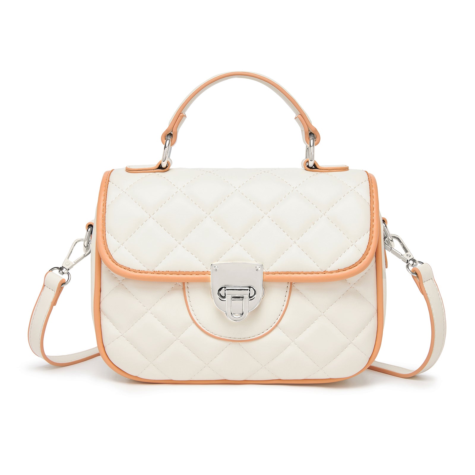 Miss Lulu Practical Quilted PU Leather Crossbody Handbag with Secure Lock and Everyday Storage - Beige