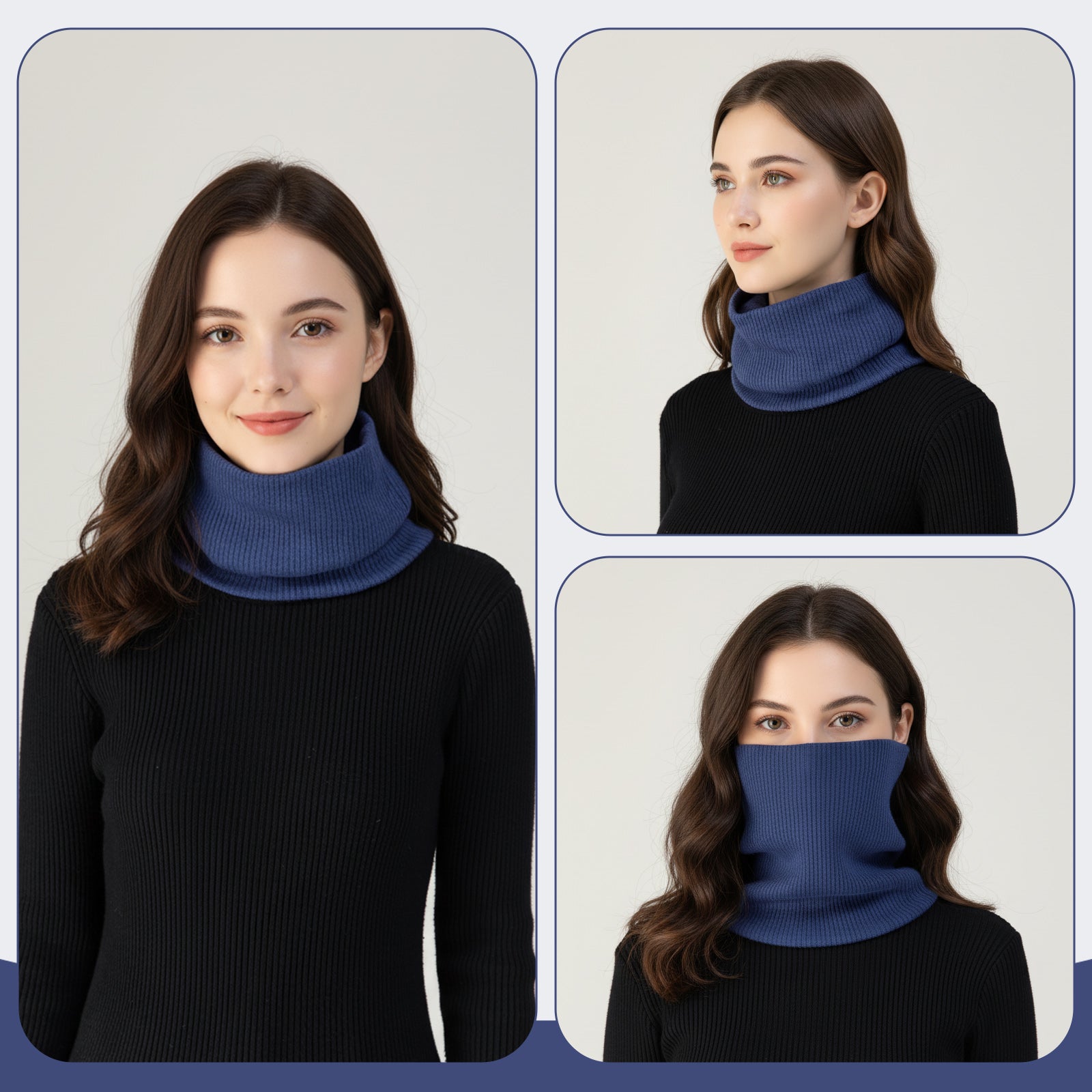 Fleece-Lined Knit Neck Warmer Gaiter–Double-Layer Acrylic & Polyester, Stretchy, Soft, Wind-Resistant, Warm - Blue