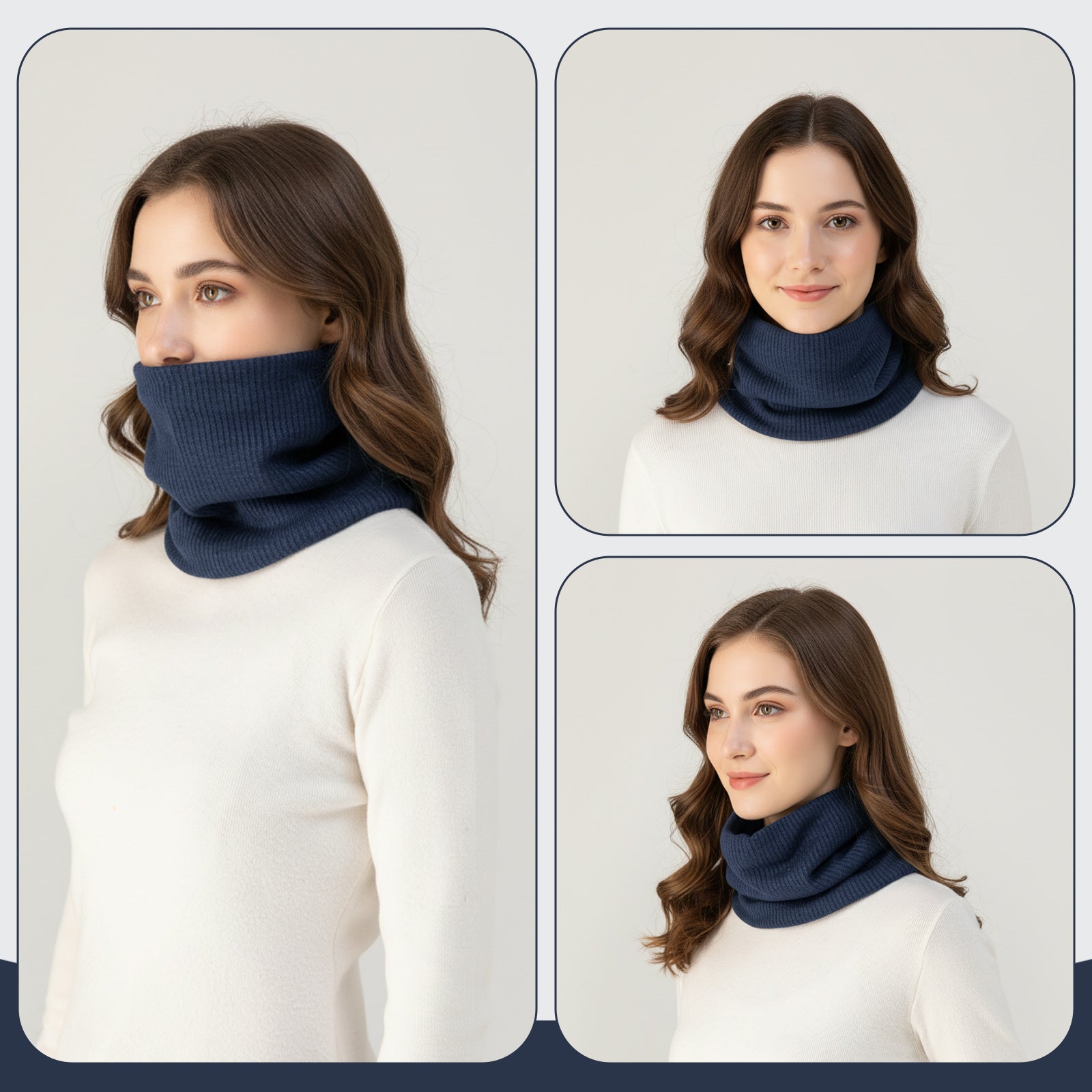 Fleece-Lined Knit Neck Warmer Gaiter–Double-Layer Acrylic & Polyester, Stretchy, Soft, Wind-Resistant, Warm - Navy