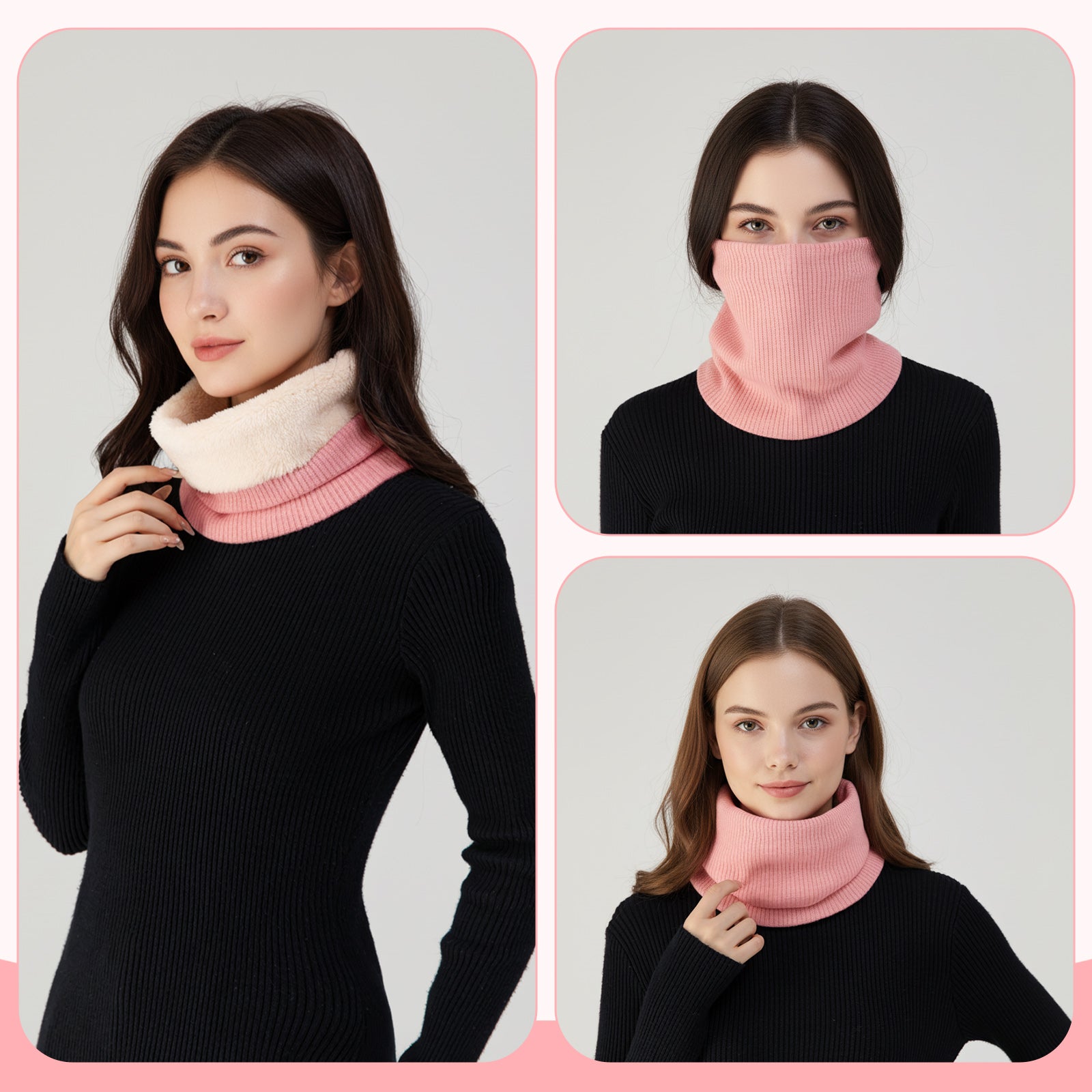 Fleece-Lined Knit Neck Warmer Gaiter–Double-Layer Acrylic & Polyester, Stretchy, Soft, Wind-Resistant, Warm - Pink