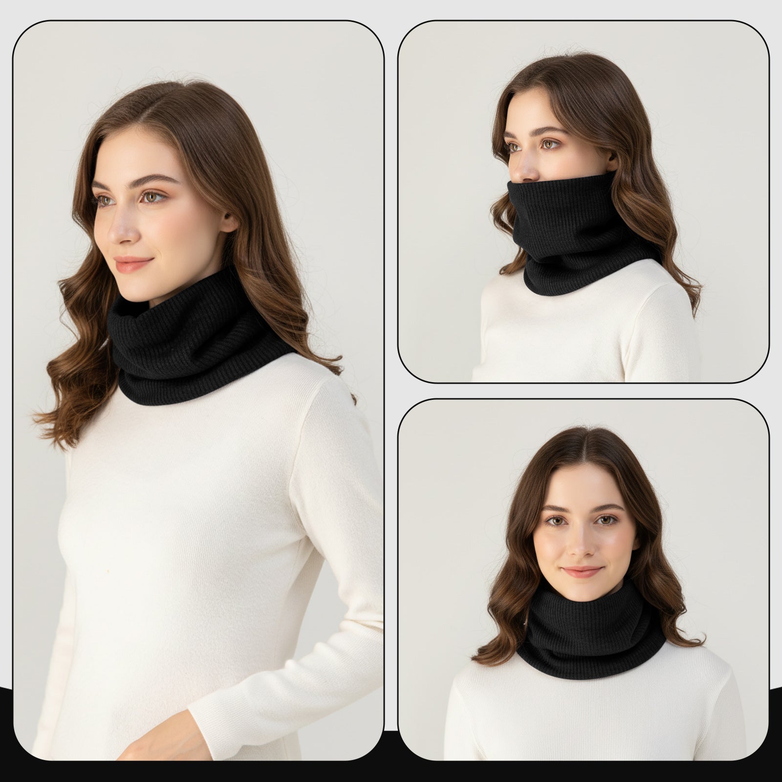Fleece-Lined Knit Neck Warmer Gaiter–Double-Layer Acrylic & Polyester, Stretchy, Soft, Wind-Resistant, Warm - Black