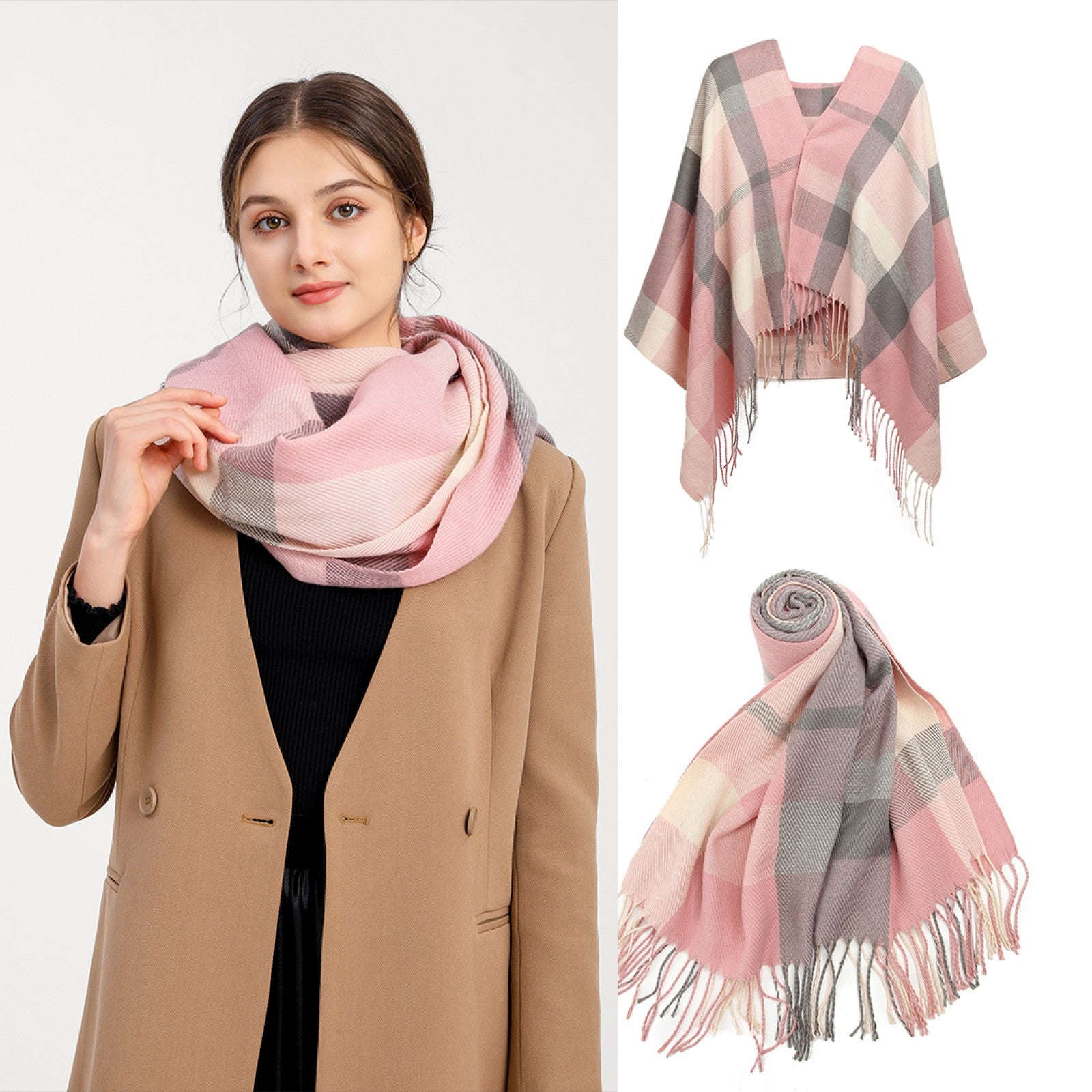 Women Fashion Long Shawl Grid Tassel Winter Warm Lattice Large Scarf - Pink