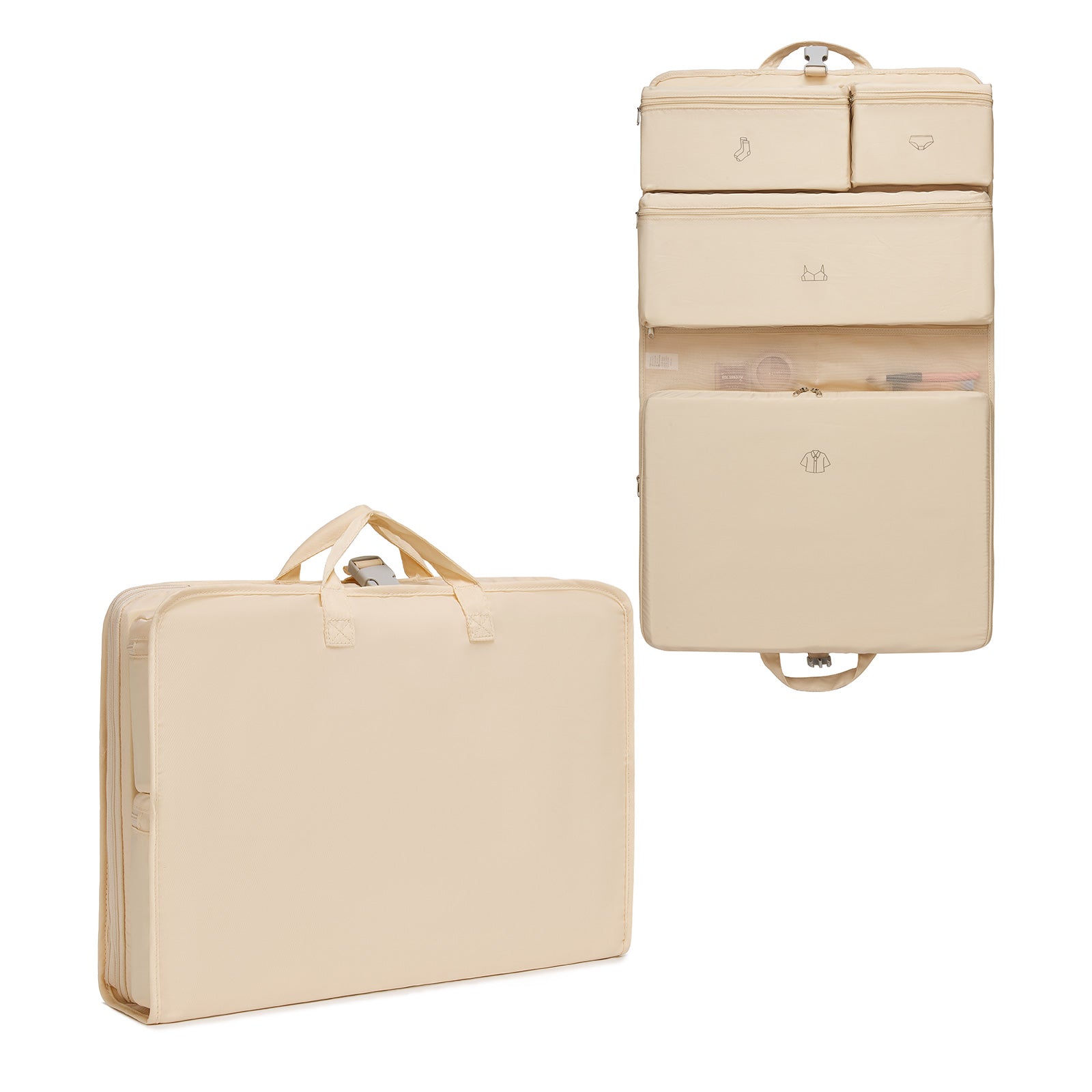 Kono 6-in-1 Hanging Travel Organiser Bag, Portable Foldable Packing Cubes Set with Trolley Sleeve - Beige