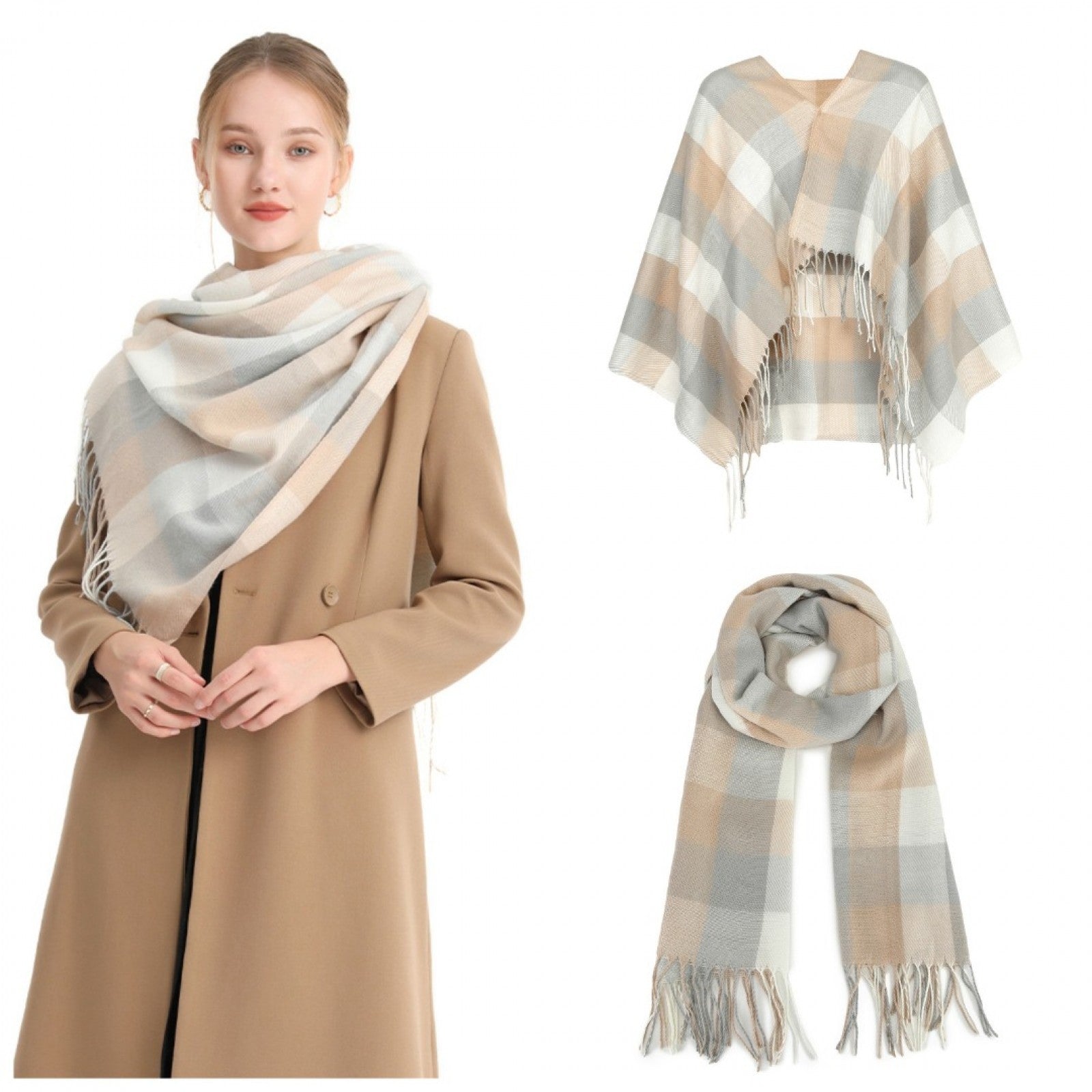 Acrylic Fashion Women's Long Shawl Grid Tassel Winter Warm Oversized Scarf - Beige