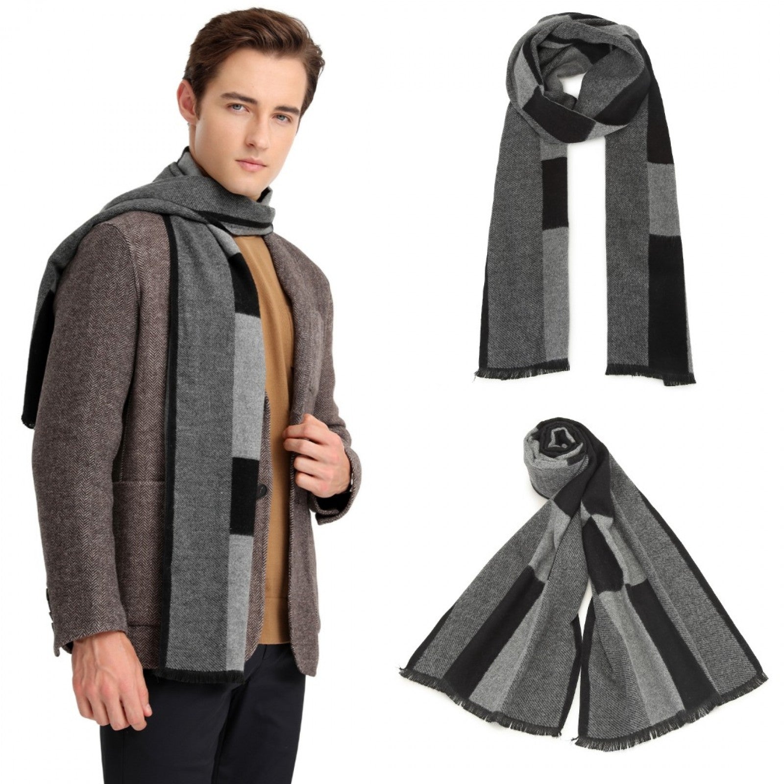 Men's Fashion Irregular Grid Winter Scarf for Warmth and Style - Black