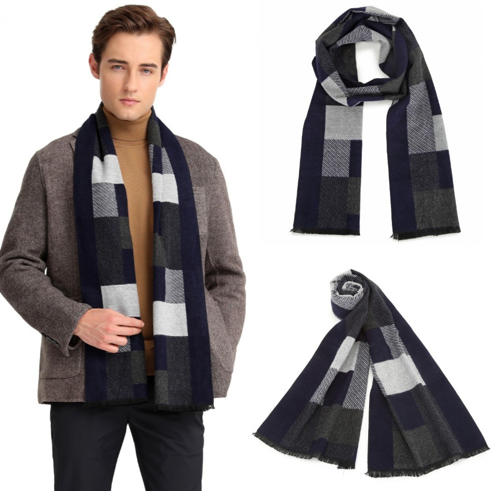 Men's Fashion Irregular Grid Winter Scarf for Warmth and Style - Navy