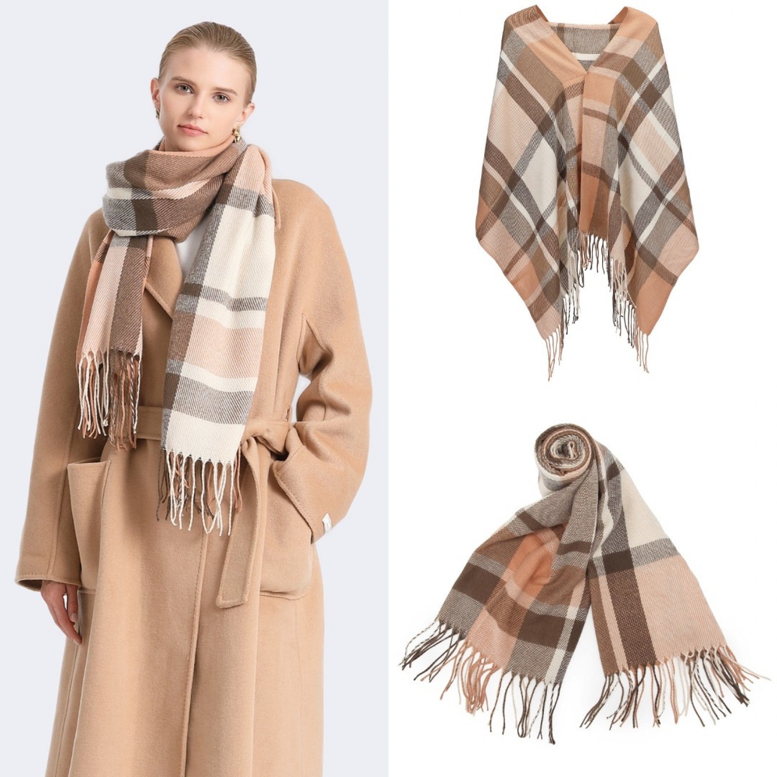 Elegant Color Block Scarf with Fringe Detailing – Versatile Oversized Design - Apricot