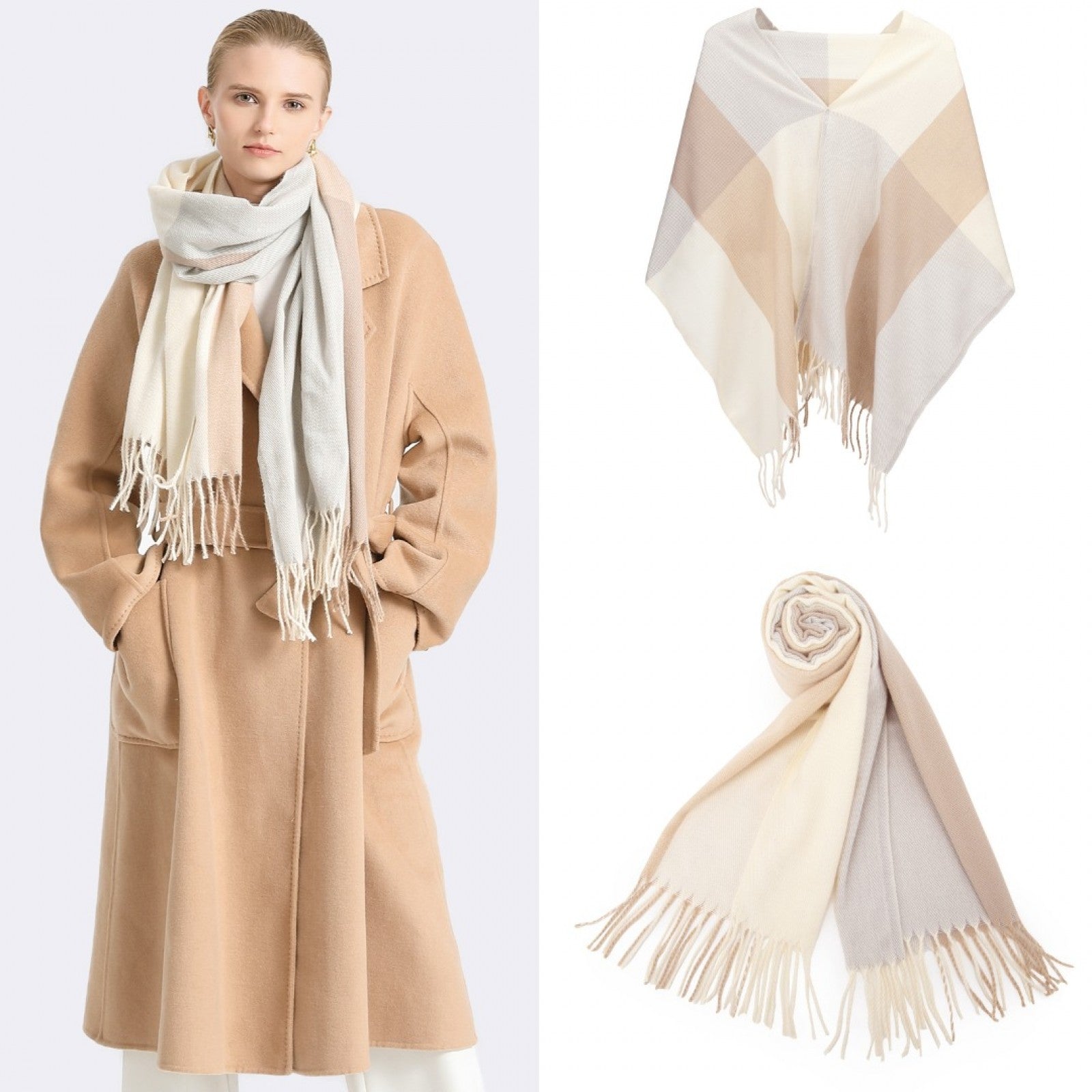 Elegant Color Block Scarf with Fringe Detailing – Versatile Oversized Design - Camel