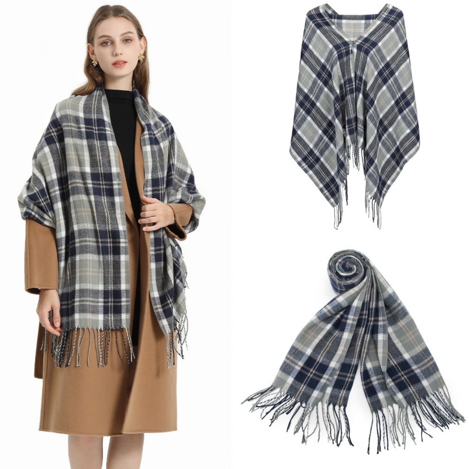 Elegant Color Block Scarf with Fringe Detailing – Versatile Oversized Design - Dark Blue