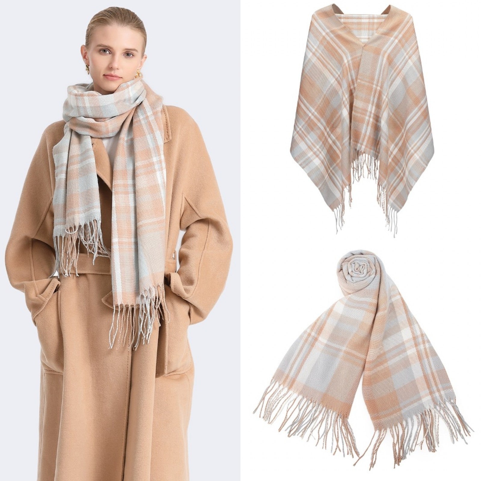 Elegant Color Block Scarf with Fringe Detailing – Versatile Oversized Design - Light Blue