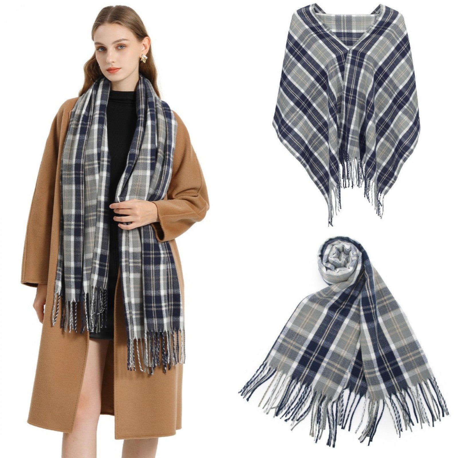 Elegant Color Block Scarf with Fringe Detailing – Versatile Oversized Design - Navy