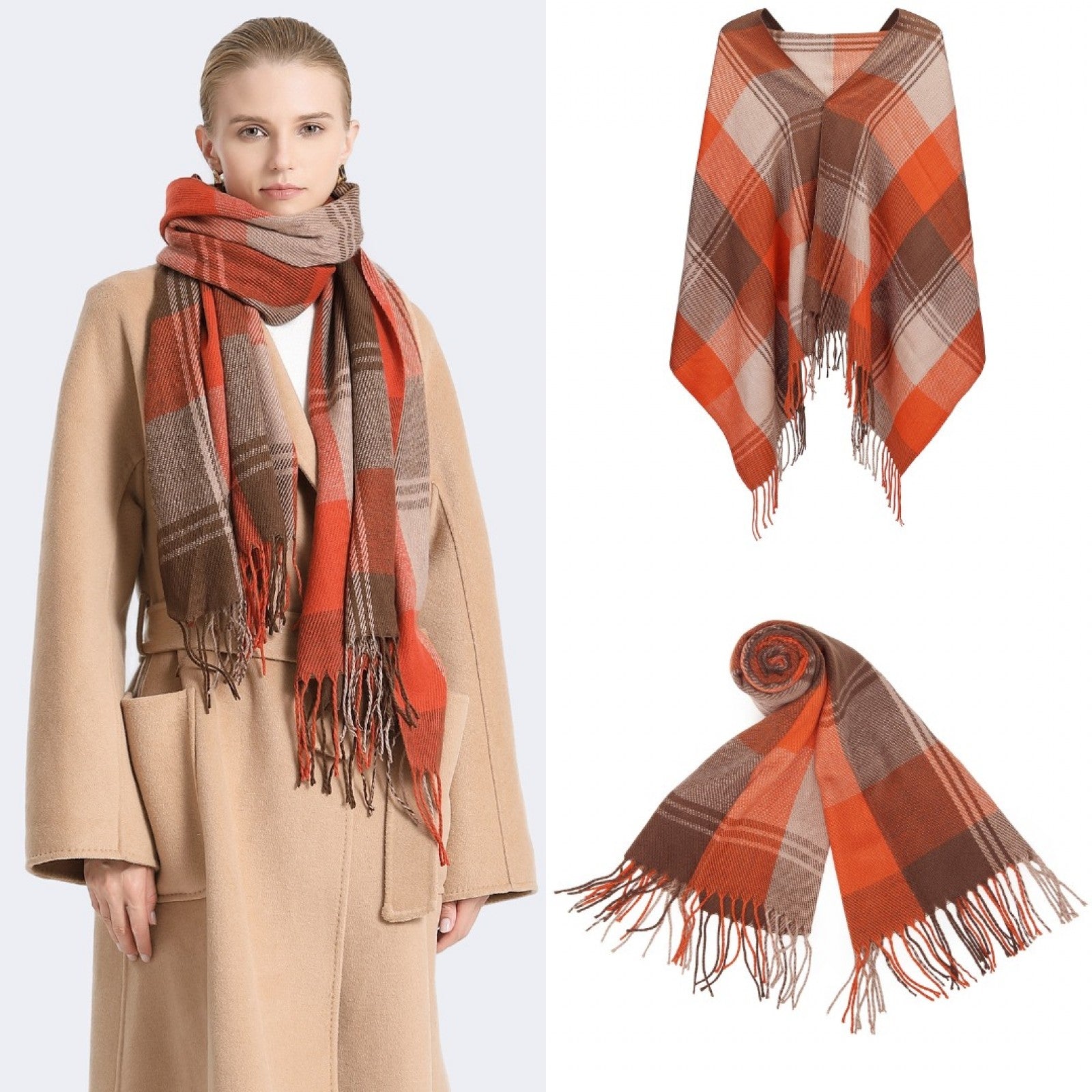 Elegant Color Block Scarf with Fringe Detailing – Versatile Oversized Design - Orange