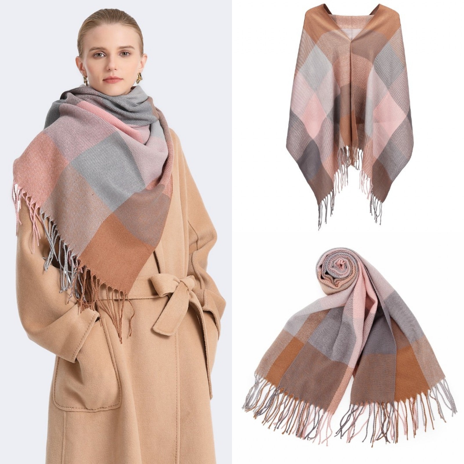 Elegant Color Block Scarf with Fringe Detailing – Versatile Oversized Design - Pink