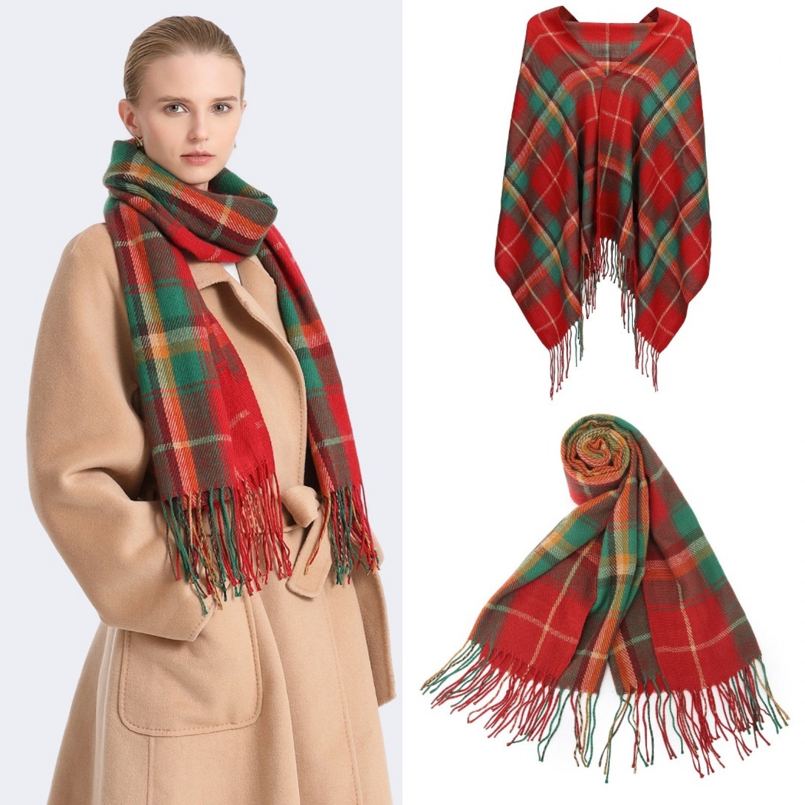 Elegant Color Block Scarf with Fringe Detailing – Versatile Oversized Design - Red