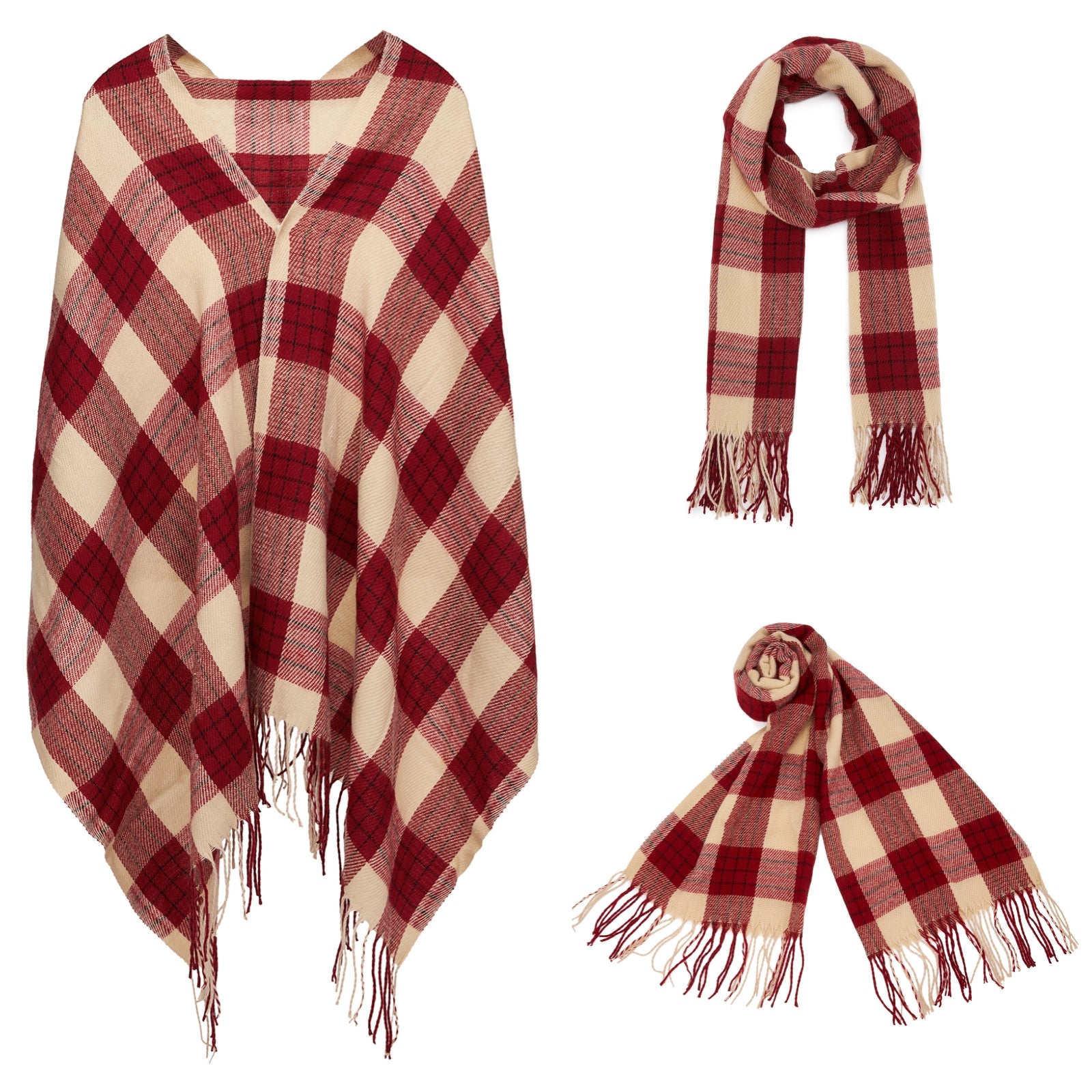 Elegant Color Block Scarf with Fringe Detailing – Versatile Oversized Design - Red