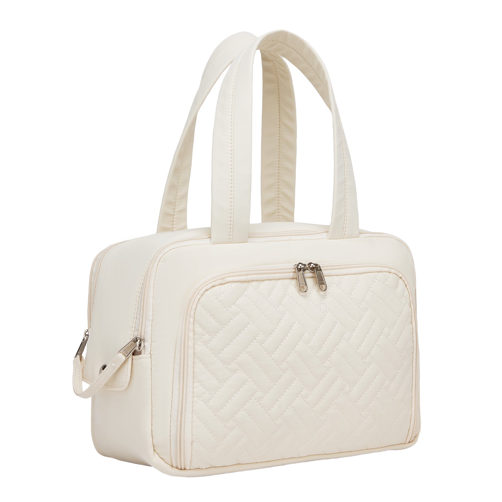 Kono Travel Quilted Toiletry Bag – Water-Resistant, Wet/Dry Pocket, Large 180° Opening for Easy Access - Beige