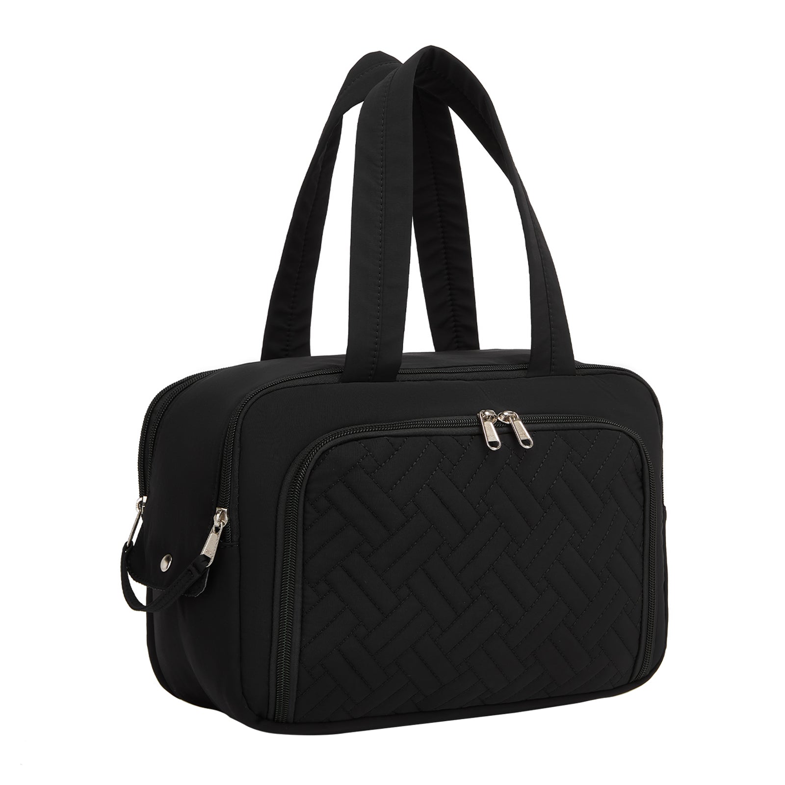 Kono Travel Quilted Toiletry Bag – Water-Resistant, Wet/Dry Pocket, Large 180° Opening for Easy Access - Black